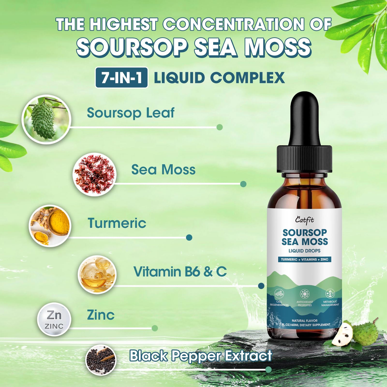 Catfit Soursop Graviola Liquid Drop – Soursop Drops for Cell Support, Antioxidant, Relaxation & Immune Boost with Sea Moss, Turmeric, Black Pepper, B6 C, Zinc, Sugar Free, Gluten Free, Vegan, 2 Fl Oz - TrustMedUSA