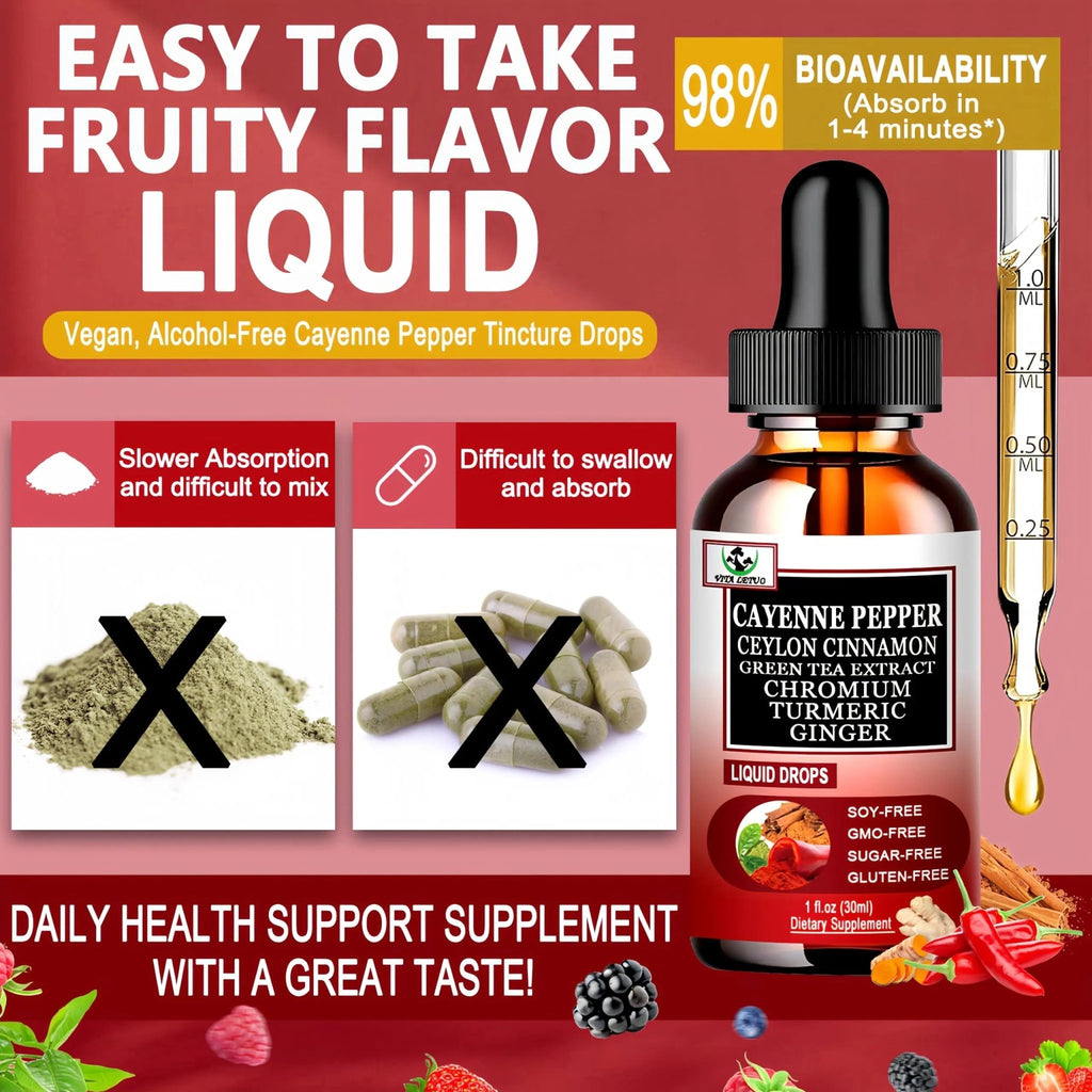 Cayenne Pepper Drops, High Absorption 6-in-1 Liquid Cayenne Pepper Supplement w/Ceylon Cinnamon, Green Tea Extract, Turmeric, Organic Liquid Drops Than Cayenne Capsules Powder - TrustMedUSA