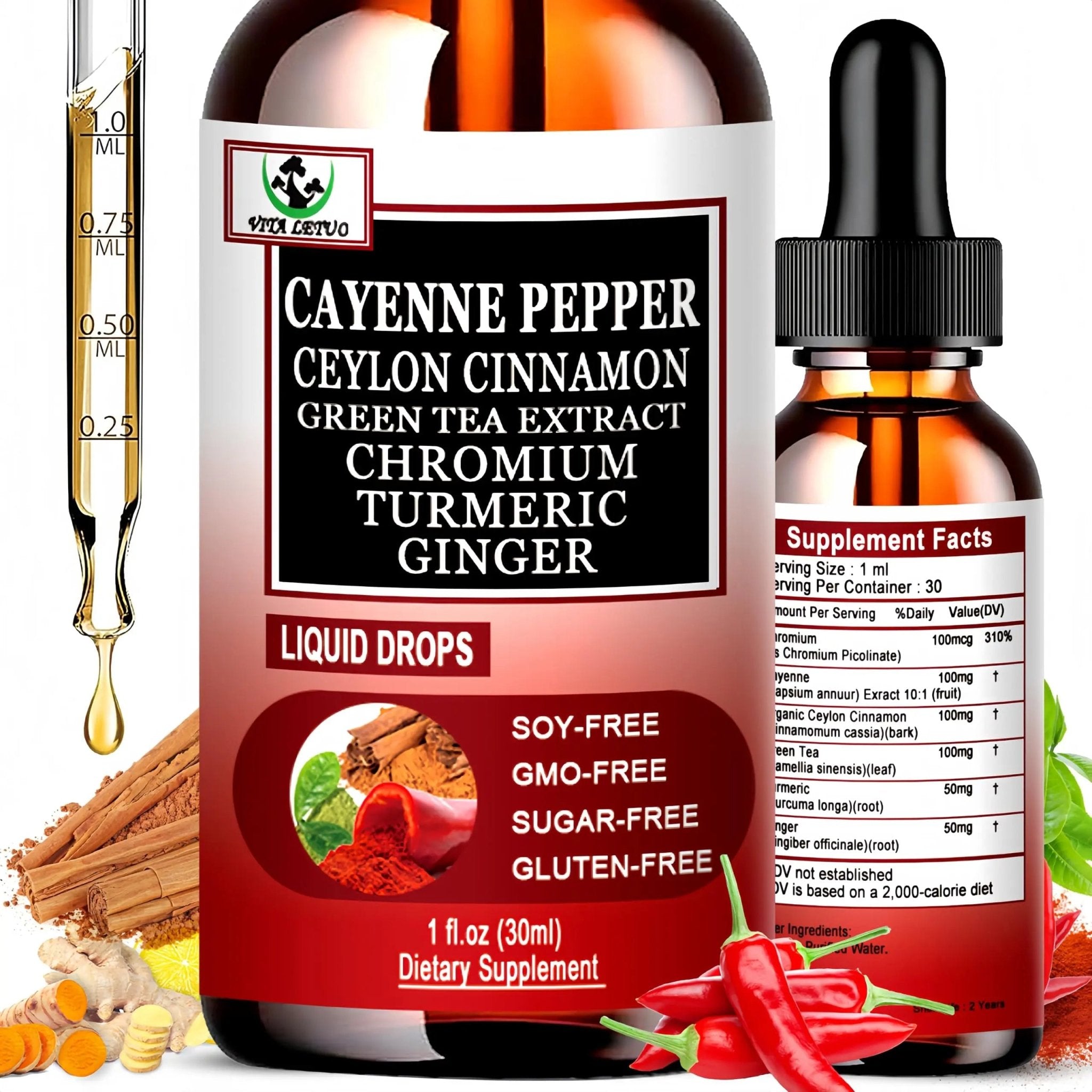 Cayenne Pepper Drops, High Absorption 6-in-1 Liquid Cayenne Pepper Supplement w/Ceylon Cinnamon, Green Tea Extract, Turmeric, Organic Liquid Drops Than Cayenne Capsules Powder - TrustMedUSA