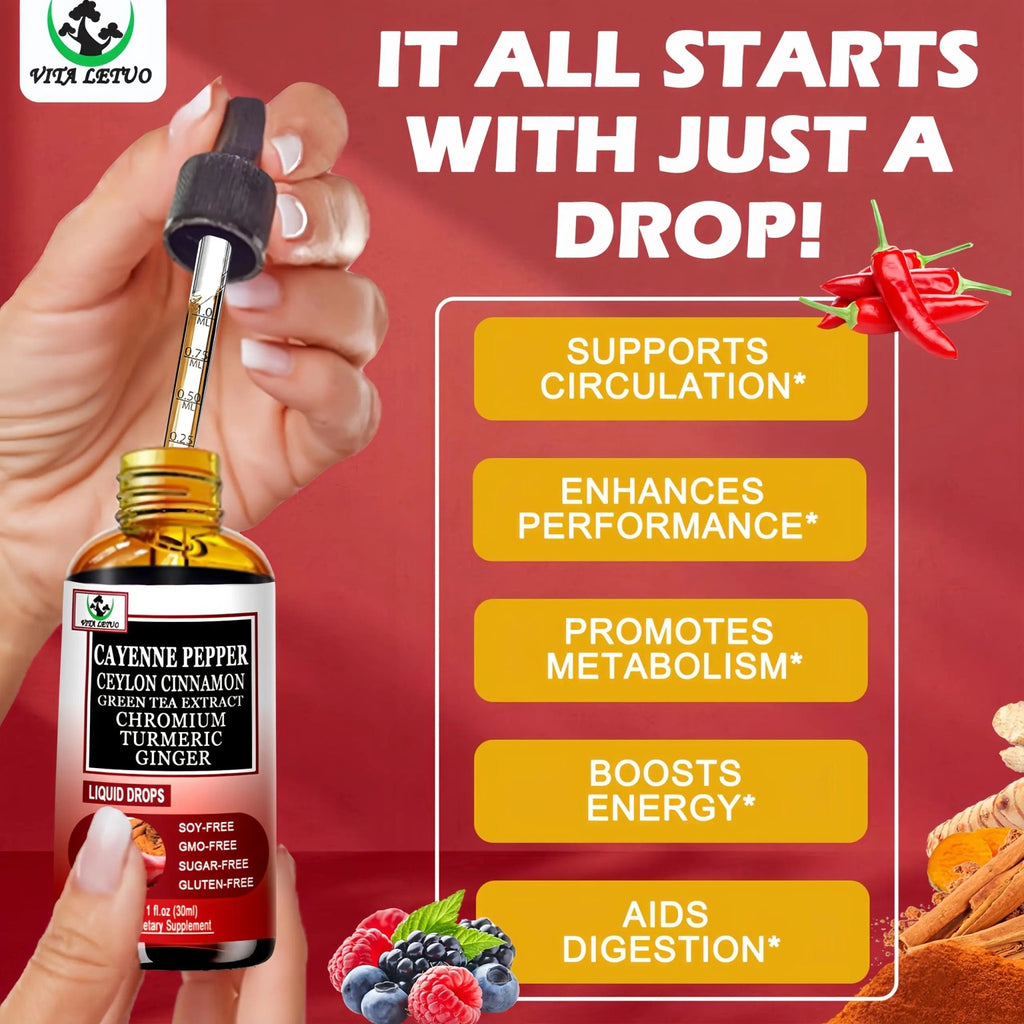 Cayenne Pepper Drops, High Absorption 6-in-1 Liquid Cayenne Pepper Supplement w/Ceylon Cinnamon, Green Tea Extract, Turmeric, Organic Liquid Drops Than Cayenne Capsules Powder - TrustMedUSA