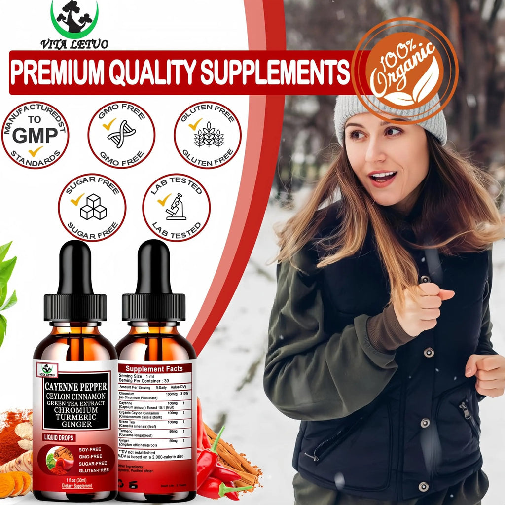Cayenne Pepper Drops, High Absorption 6-in-1 Liquid Cayenne Pepper Supplement w/Ceylon Cinnamon, Green Tea Extract, Turmeric, Organic Liquid Drops Than Cayenne Capsules Powder - TrustMedUSA