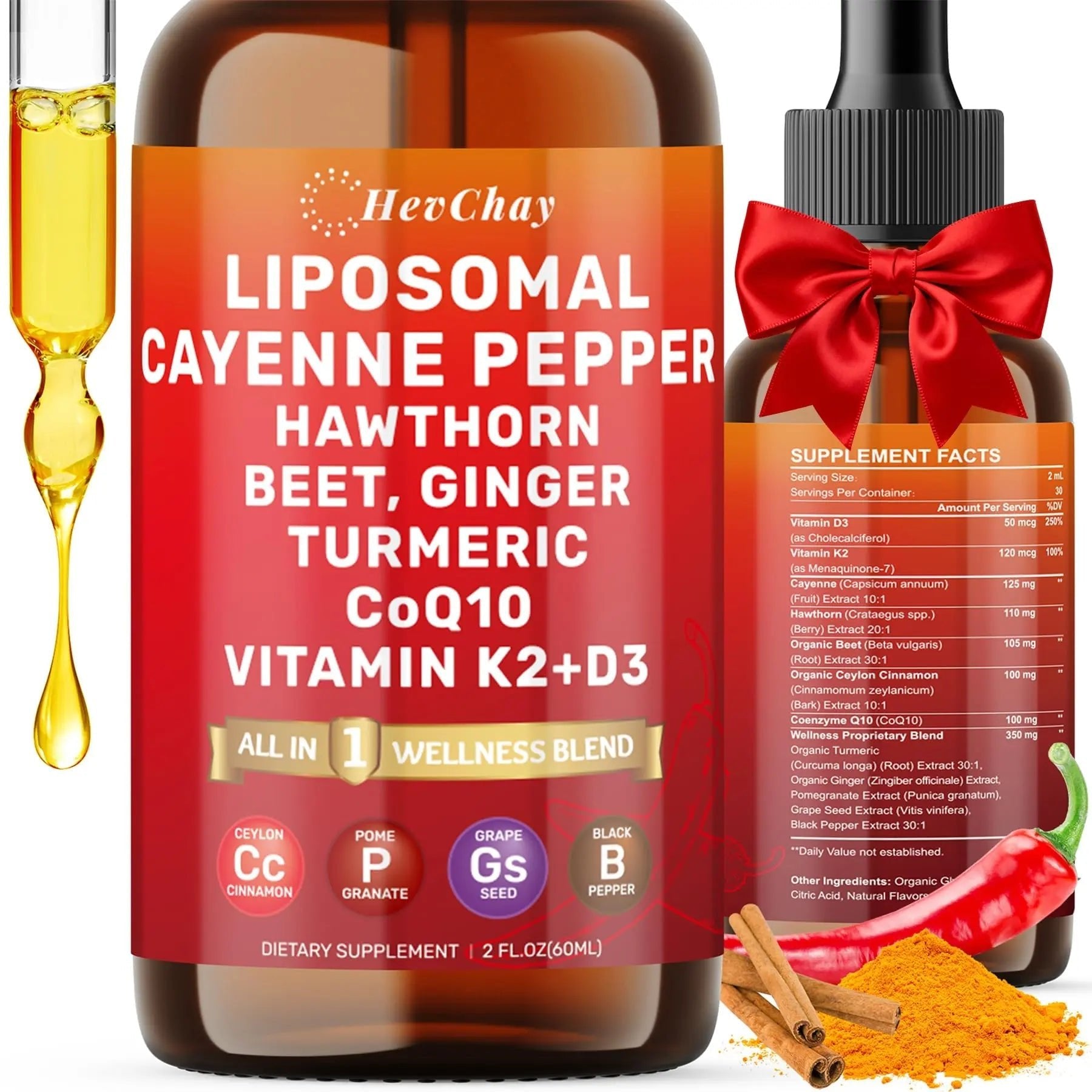 Cayenne Pepper Drops Liposomal Supplement Liquid + Hawthorn Berry, Vitamin D3 K2 Beet Root Powder, Ceylon Cinnamon, CoQ10, Turmeric Curcumin, Cayenne Pepper Extract - 2oz - TrustMedUSA