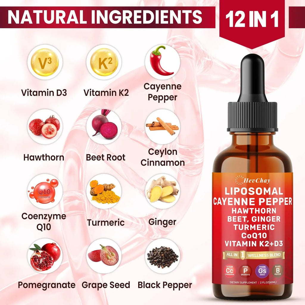 Cayenne Pepper Drops Liposomal Supplement Liquid + Hawthorn Berry, Vitamin D3 K2 Beet Root Powder, Ceylon Cinnamon, CoQ10, Turmeric Curcumin, Cayenne Pepper Extract - 2oz - TrustMedUSA