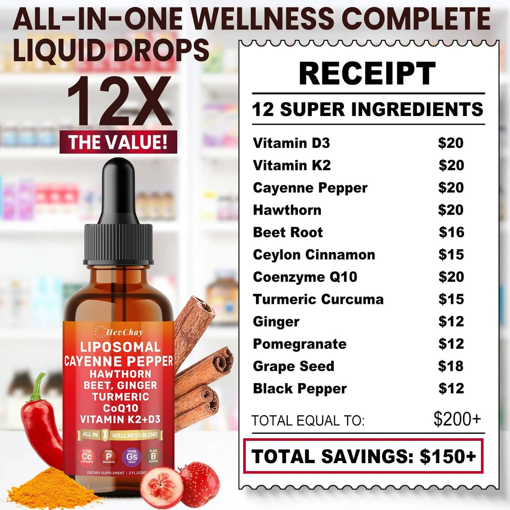 Cayenne Pepper Drops Liposomal Supplement Liquid + Hawthorn Berry, Vitamin D3 K2 Beet Root Powder, Ceylon Cinnamon, CoQ10, Turmeric Curcumin, Cayenne Pepper Extract - 2oz - TrustMedUSA