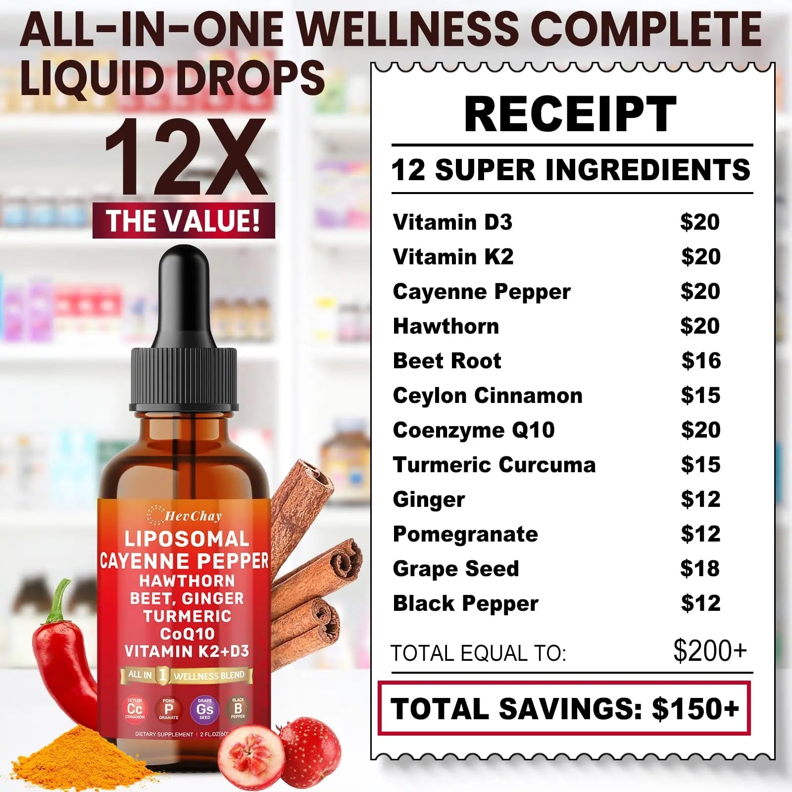 Cayenne Pepper Drops Liposomal Supplement Liquid + Hawthorn Berry, Vitamin D3 K2 Beet Root Powder, Ceylon Cinnamon, CoQ10, Turmeric Curcumin, Cayenne Pepper Extract - 2oz - TrustMedUSA