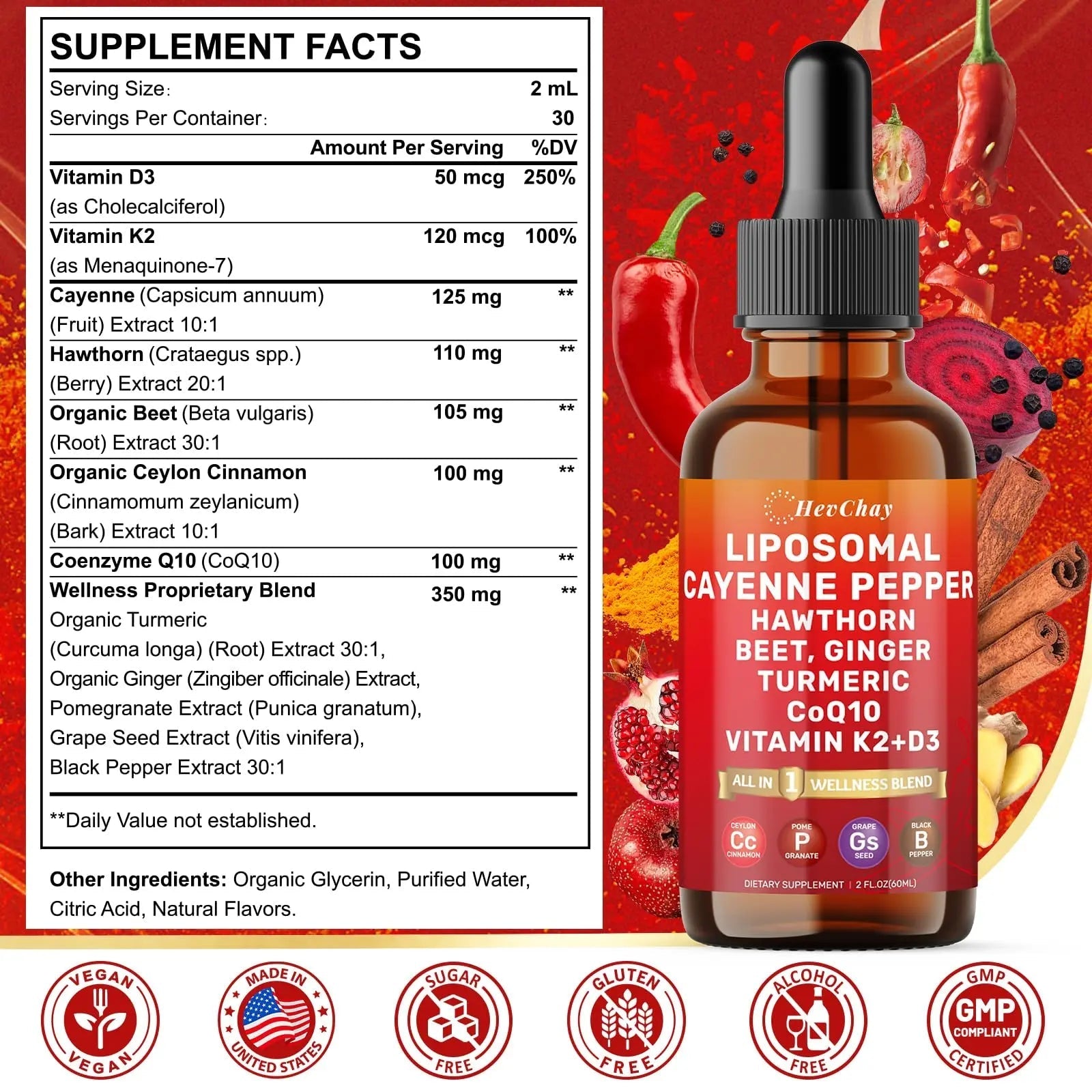 Cayenne Pepper Drops Liposomal Supplement Liquid + Hawthorn Berry, Vitamin D3 K2 Beet Root Powder, Ceylon Cinnamon, CoQ10, Turmeric Curcumin, Cayenne Pepper Extract - 2oz - TrustMedUSA