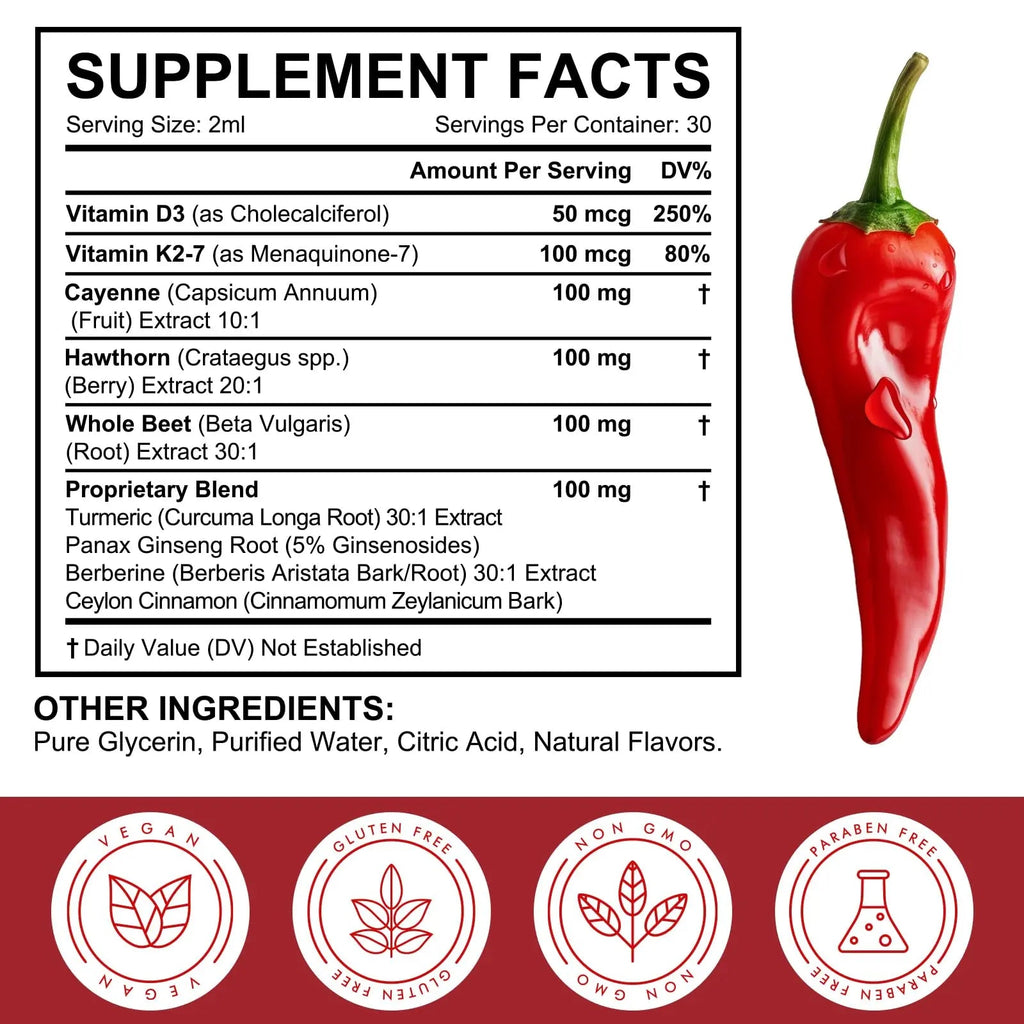 Cayenne Pepper Drops, Liquid Cayenne Pepper Organic, Cayenne Health Supplements, Cayenne Pepper Hawthorn Beet Root Turmeric Curcumin, Vitamin K2 & D3, Vegan-Friendly- 2 Fl Oz - TrustMedUSA