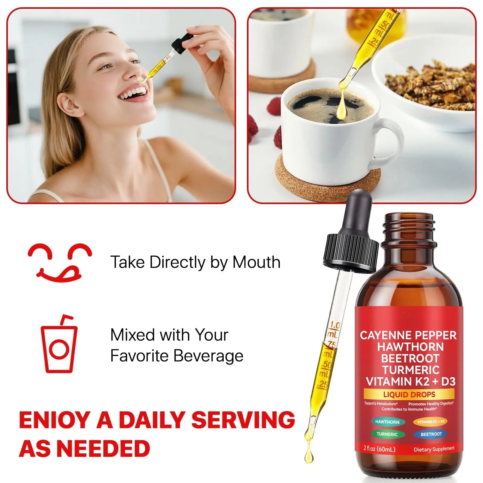 Cayenne Pepper Drops, Liquid Cayenne Pepper Organic, Cayenne Health Supplements, Cayenne Pepper Hawthorn Beet Root Turmeric Curcumin, Vitamin K2 & D3, Vegan-Friendly- 2 Fl Oz - TrustMedUSA