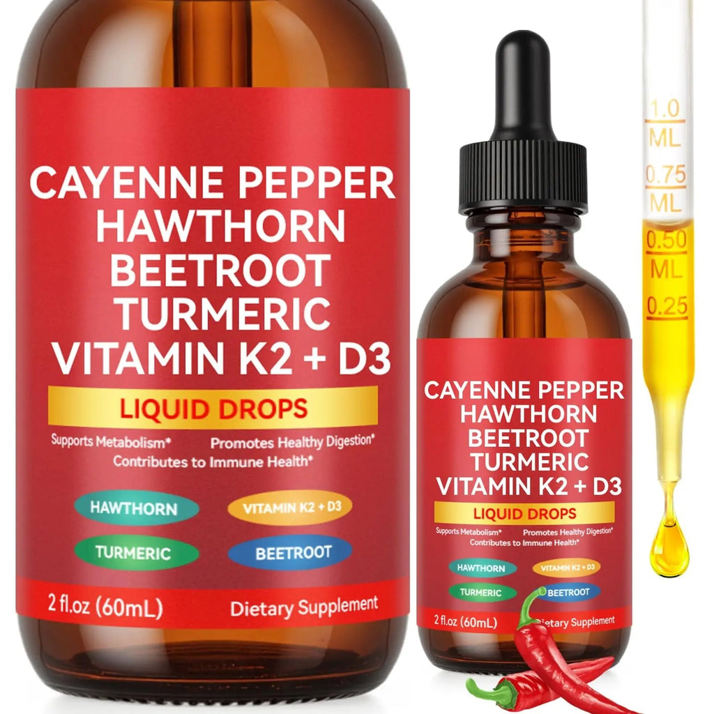 Cayenne Pepper Drops, Liquid Cayenne Pepper Organic, Cayenne Health Supplements, Cayenne Pepper Hawthorn Beet Root Turmeric Curcumin, Vitamin K2 & D3, Vegan-Friendly- 2 Fl Oz - TrustMedUSA