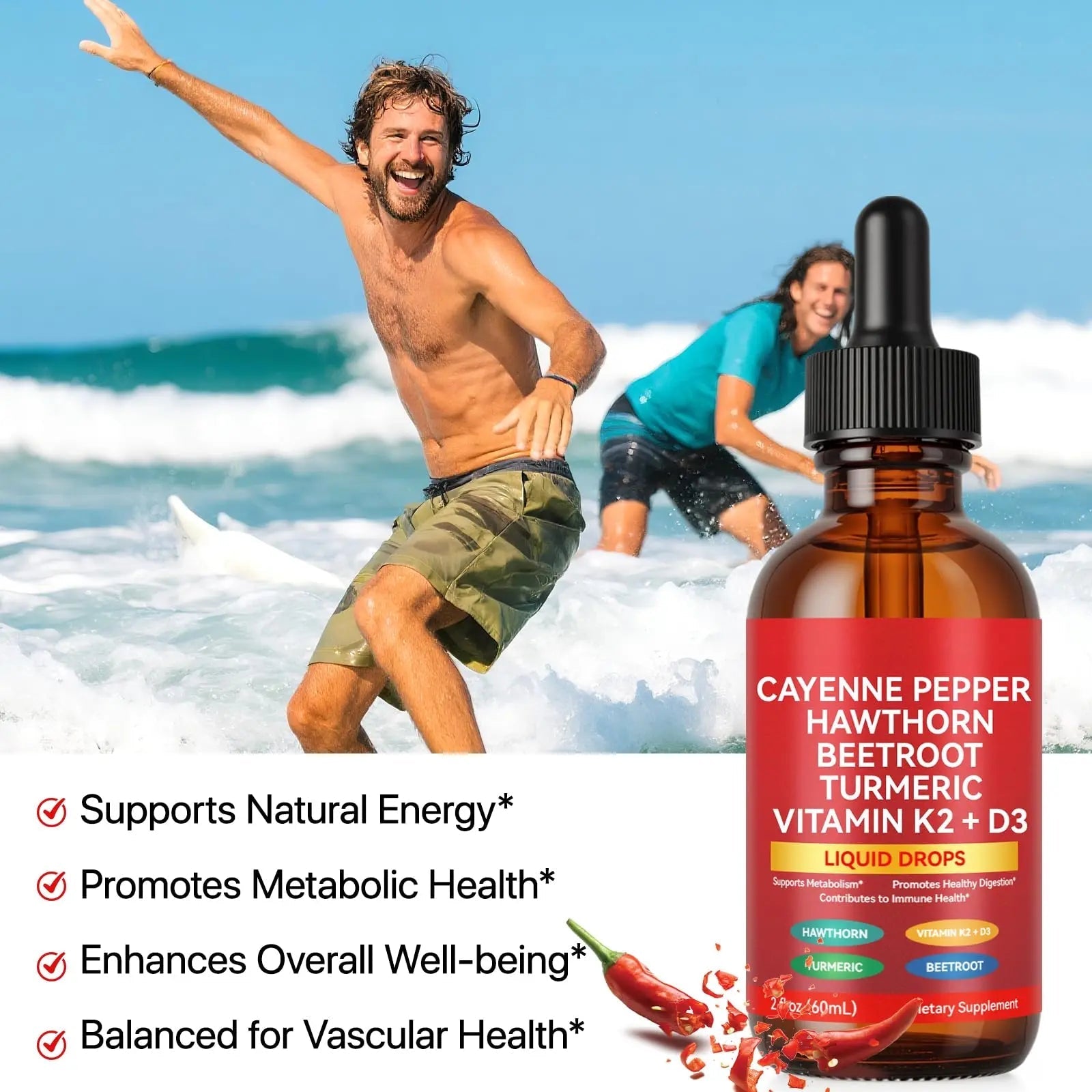 Cayenne Pepper Drops, Liquid Cayenne Pepper Organic, Cayenne Health Supplements, Cayenne Pepper Hawthorn Beet Root Turmeric Curcumin, Vitamin K2 & D3, Vegan-Friendly- 2 Fl Oz - TrustMedUSA