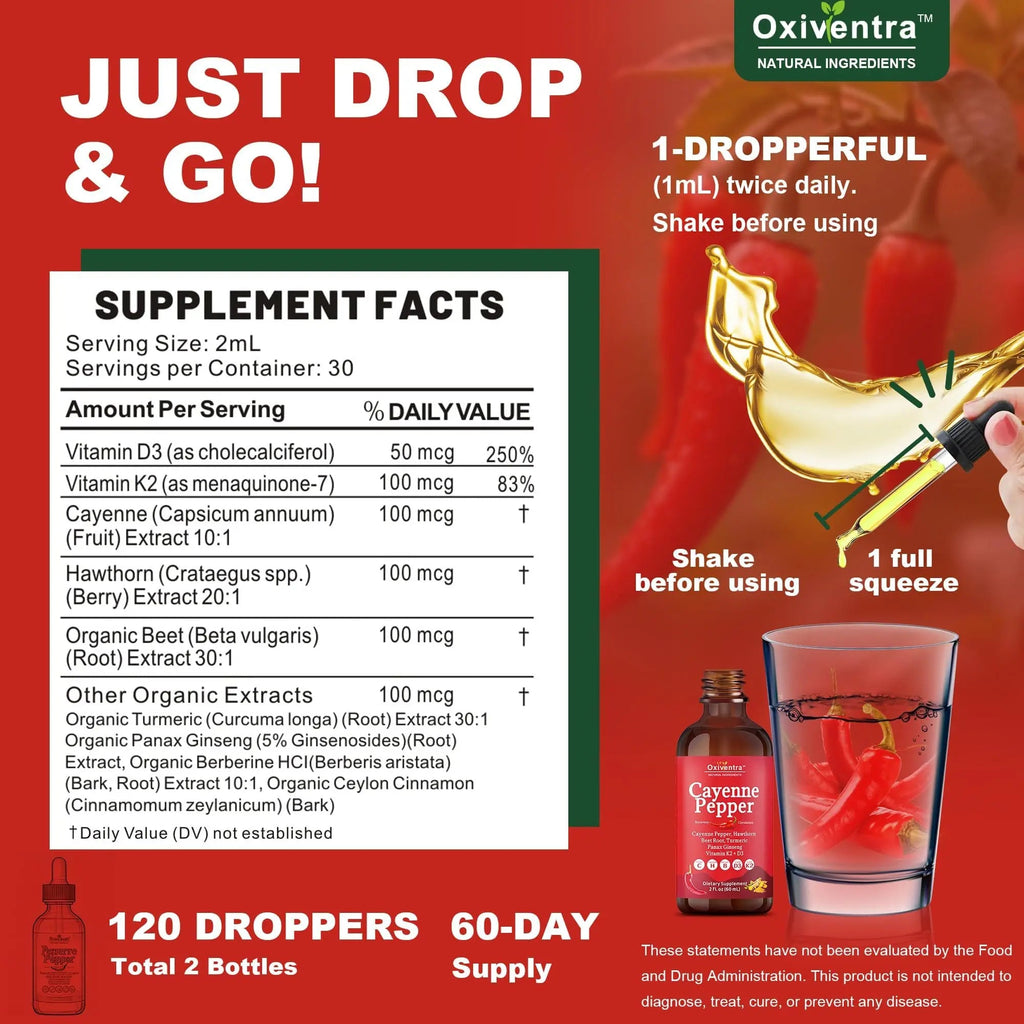 Cayenne Pepper Drops Liquid Supplement Smooth & Sweet Herbal Liquid + Hawthorn Berry, Vitamin D3 K2 Beet Root Powder, Ceylon Cinnamon, Turmeric Curcumin, Organic Panax Ginseng - 2fl oz - TrustMedUSA