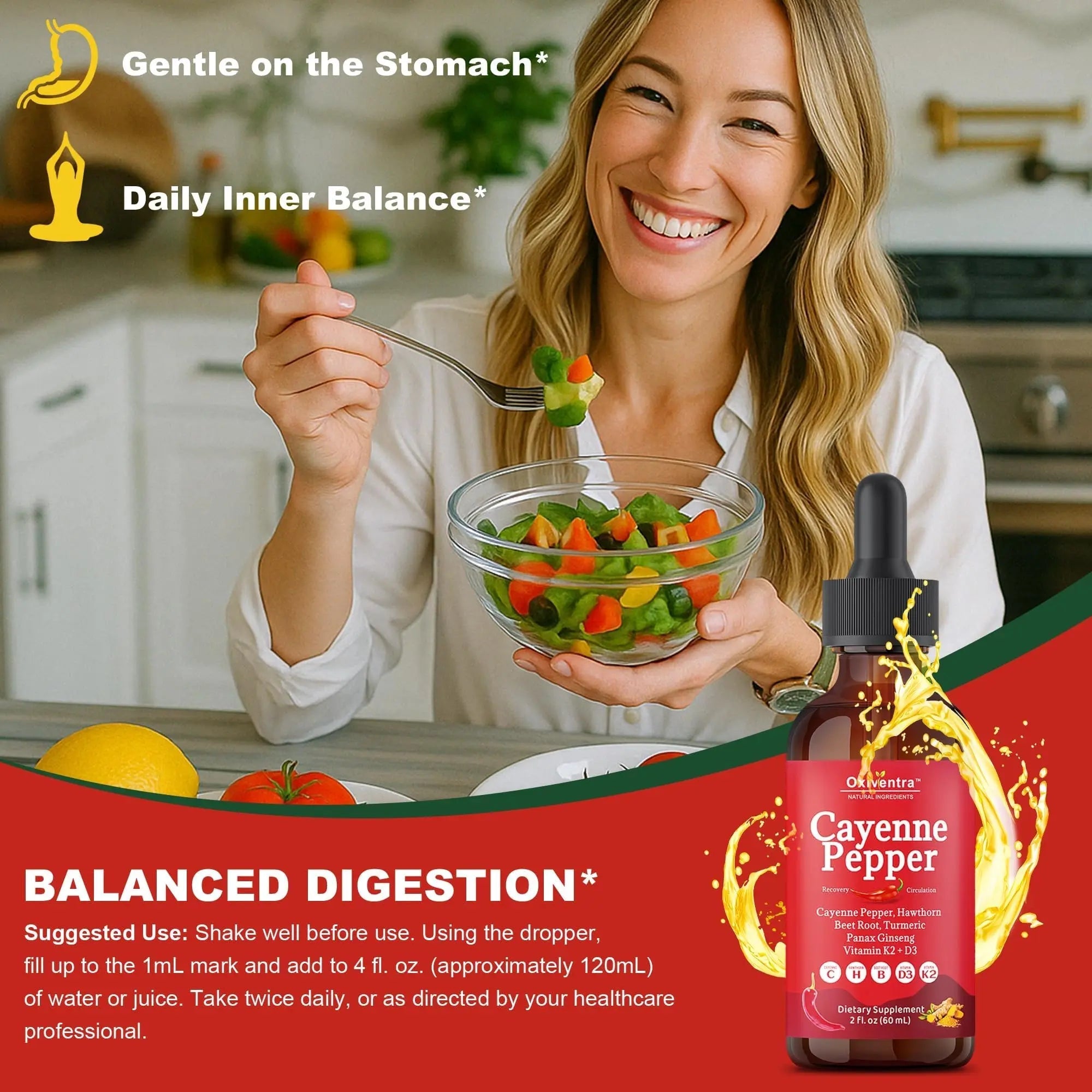 Cayenne Pepper Drops Liquid Supplement Smooth & Sweet Herbal Liquid + Hawthorn Berry, Vitamin D3 K2 Beet Root Powder, Ceylon Cinnamon, Turmeric Curcumin, Organic Panax Ginseng - 2fl oz - TrustMedUSA