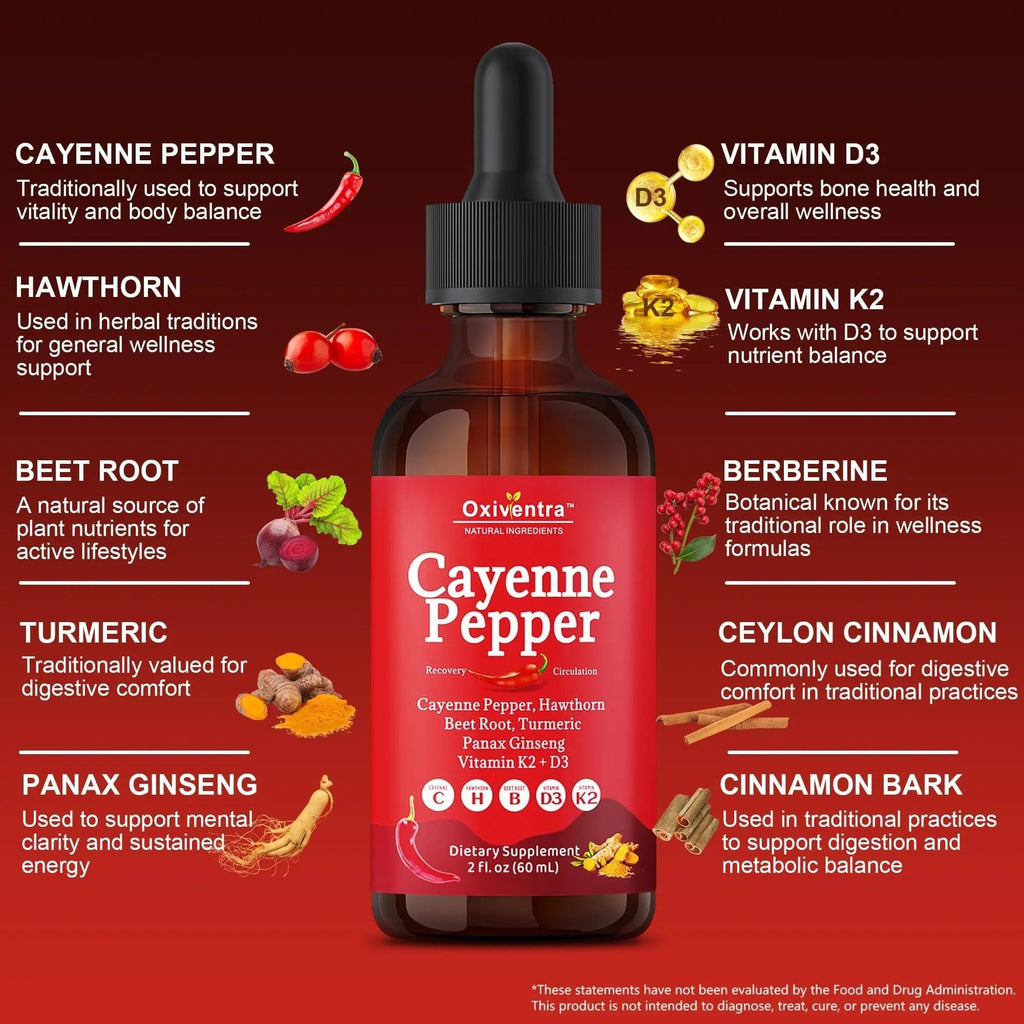 Cayenne Pepper Drops Liquid Supplement Smooth & Sweet Herbal Liquid + Hawthorn Berry, Vitamin D3 K2 Beet Root Powder, Ceylon Cinnamon, Turmeric Curcumin, Organic Panax Ginseng - 2fl oz - TrustMedUSA