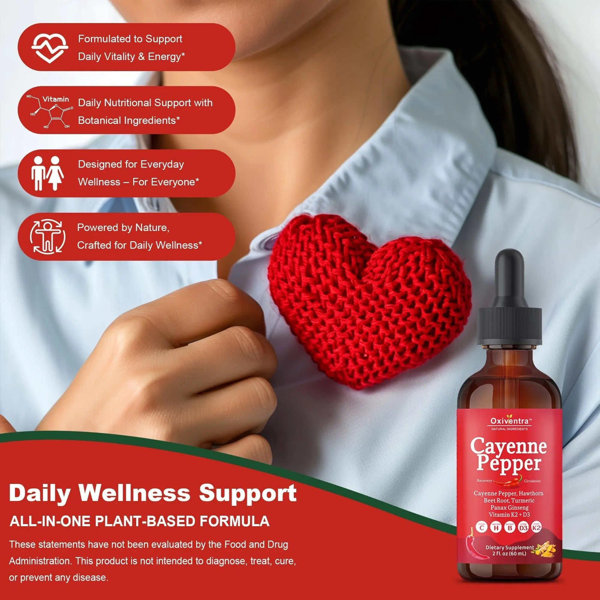 Cayenne Pepper Drops Liquid Supplement Smooth & Sweet Herbal Liquid + Hawthorn Berry, Vitamin D3 K2 Beet Root Powder, Ceylon Cinnamon, Turmeric Curcumin, Organic Panax Ginseng - 2fl oz - TrustMedUSA