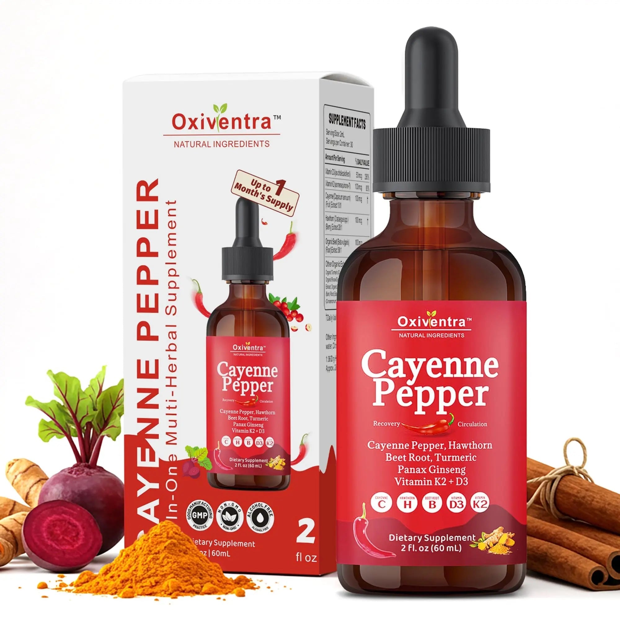 Cayenne Pepper Drops Liquid Supplement Smooth & Sweet Herbal Liquid + Hawthorn Berry, Vitamin D3 K2 Beet Root Powder, Ceylon Cinnamon, Turmeric Curcumin, Organic Panax Ginseng - 2fl oz - TrustMedUSA