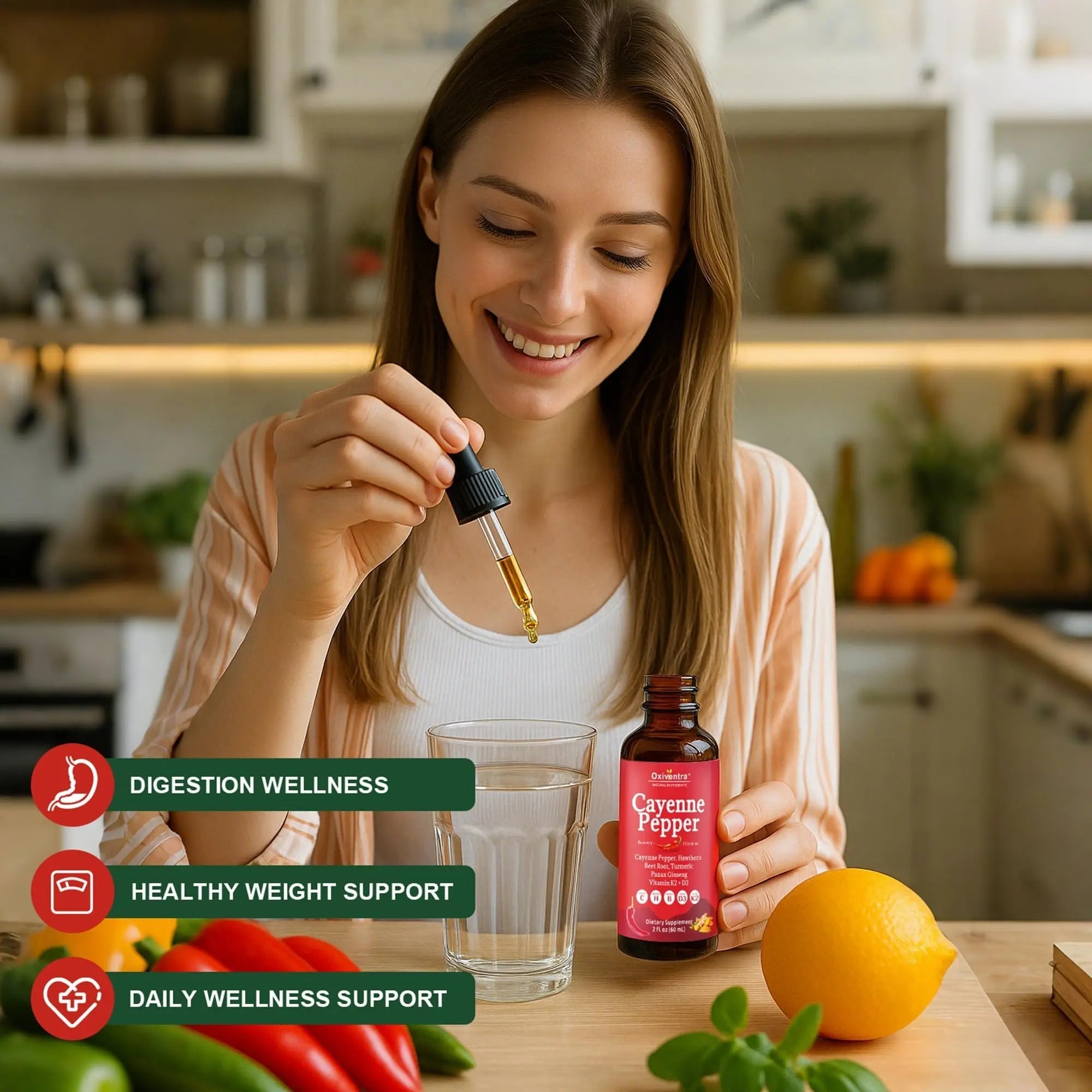 Cayenne Pepper Drops Liquid Supplement Smooth & Sweet Herbal Liquid + Hawthorn Berry, Vitamin D3 K2 Beet Root Powder, Ceylon Cinnamon, Turmeric Curcumin, Organic Panax Ginseng - 2fl oz - TrustMedUSA
