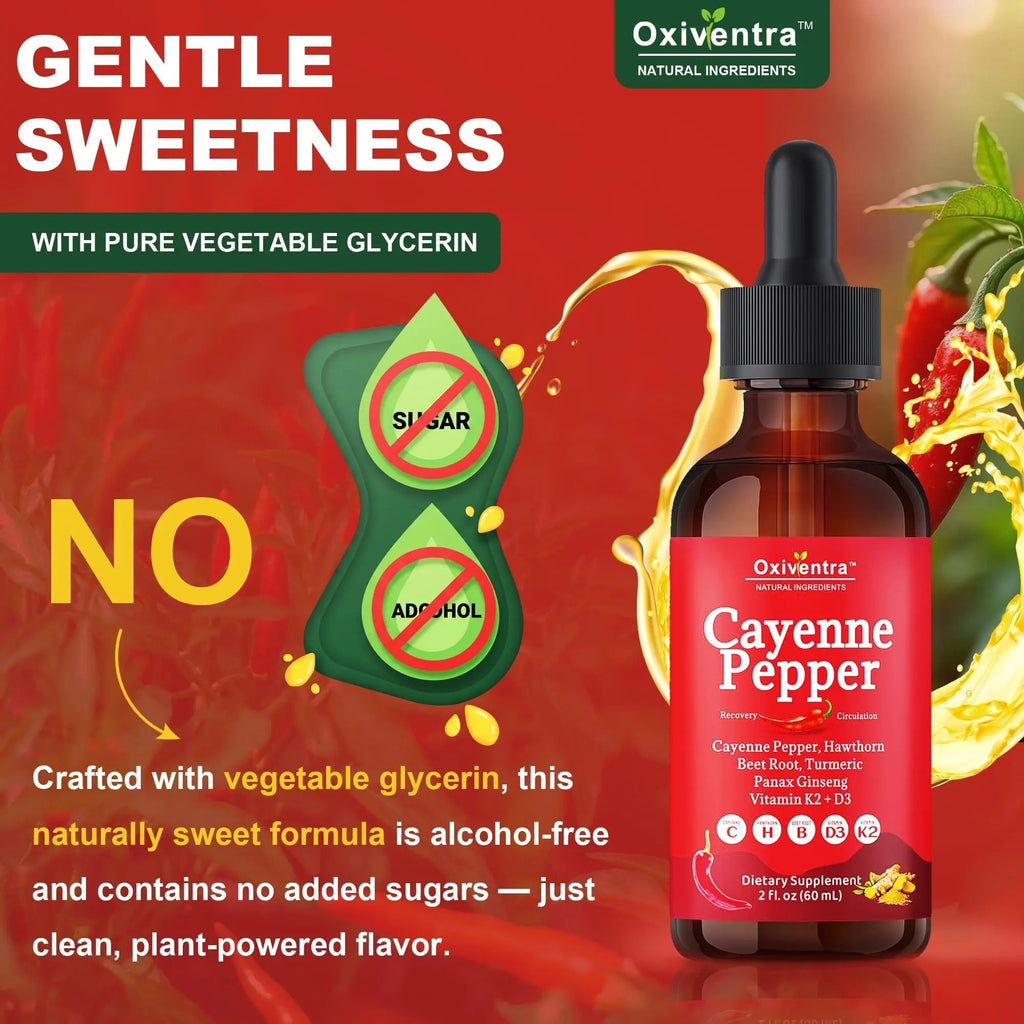 Cayenne Pepper Drops Liquid Supplement Smooth & Sweet Herbal Liquid + Hawthorn Berry, Vitamin D3 K2 Beet Root Powder, Ceylon Cinnamon, Turmeric Curcumin, Organic Panax Ginseng - 2fl oz - TrustMedUSA