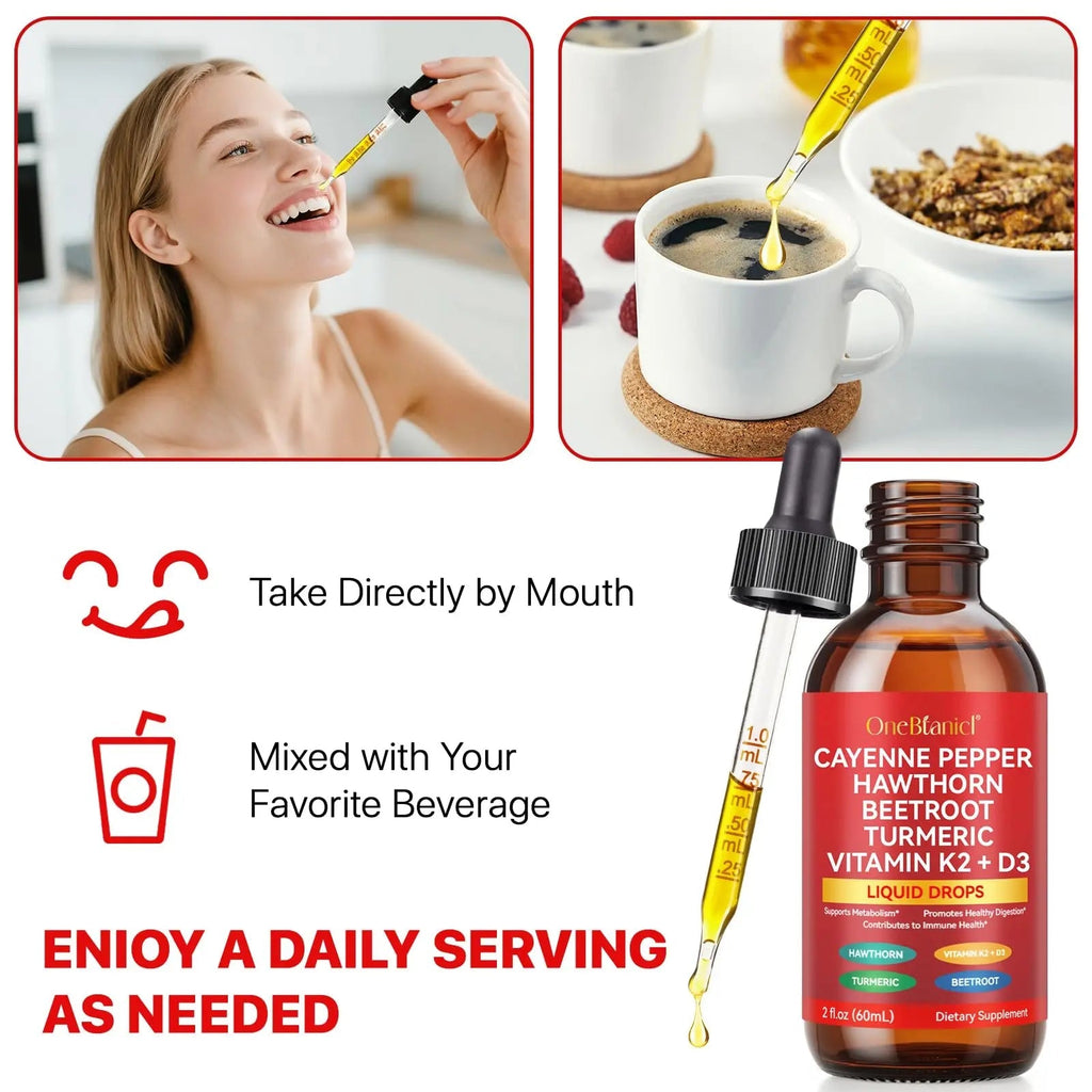 Cayenne Pepper Drops Supplement Liquid, Blend of Hawthorn Berry, Beetroot, Turmeric, VIT K2+D3, Daily Health Boost (2oz) - TrustMedUSA