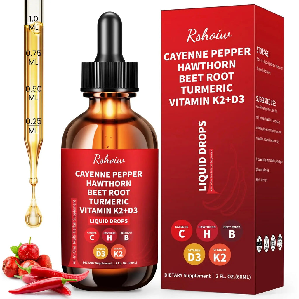 Cayenne Pepper Drops Supplement Liquid with Hawthorn Berry, Vitamin D3 K2, Turmeric Curcumin, Beet Root, Ceylon Cinnamon Vegan- Friendly - 60ml - TrustMedUSA