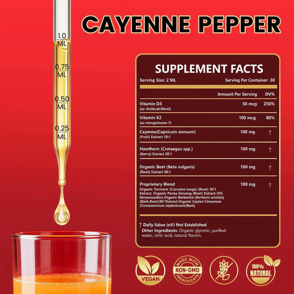 Cayenne Pepper Drops Supplement Liquid with Hawthorn Berry, Vitamin D3 K2, Turmeric Curcumin, Beet Root, Ceylon Cinnamon Vegan- Friendly - 60ml - TrustMedUSA