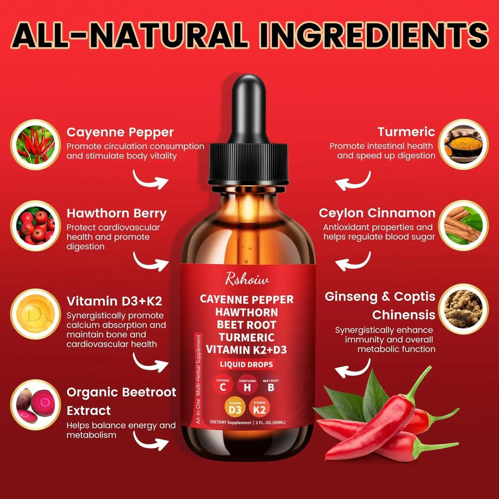 Cayenne Pepper Drops Supplement Liquid with Hawthorn Berry, Vitamin D3 K2, Turmeric Curcumin, Beet Root, Ceylon Cinnamon Vegan- Friendly - 60ml - TrustMedUSA