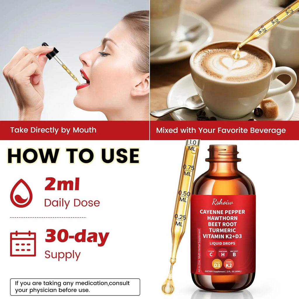 Cayenne Pepper Drops Supplement Liquid with Hawthorn Berry, Vitamin D3 K2, Turmeric Curcumin, Beet Root, Ceylon Cinnamon Vegan- Friendly - 60ml - TrustMedUSA