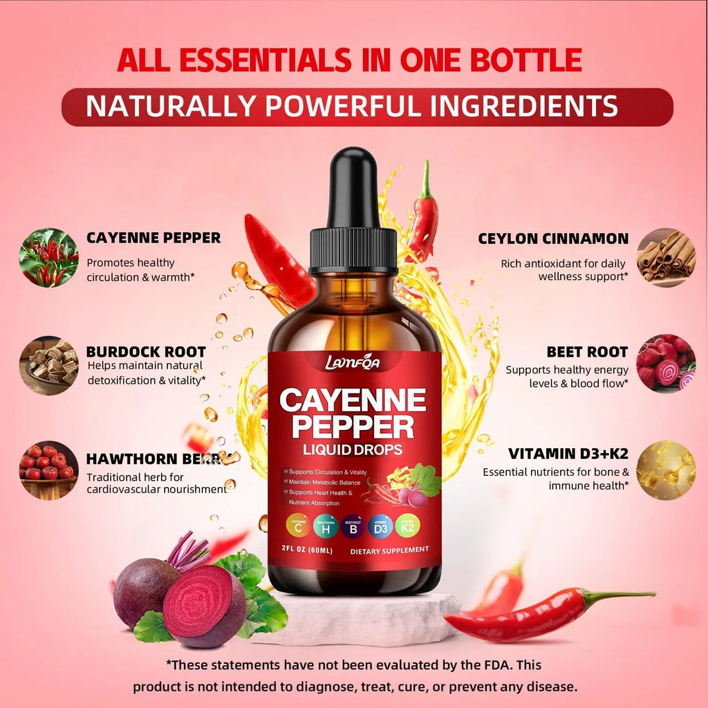 Cayenne Pepper Liquid Drops - Potent Blend with Hawthorn Berry, Turmeric Curcumin, Vitamin D3 K2, Beet Root & Panax Ginseng - Vegan, Non-GMO, High Absorbed Gentle Formula - 2 OZ - TrustMedUSA