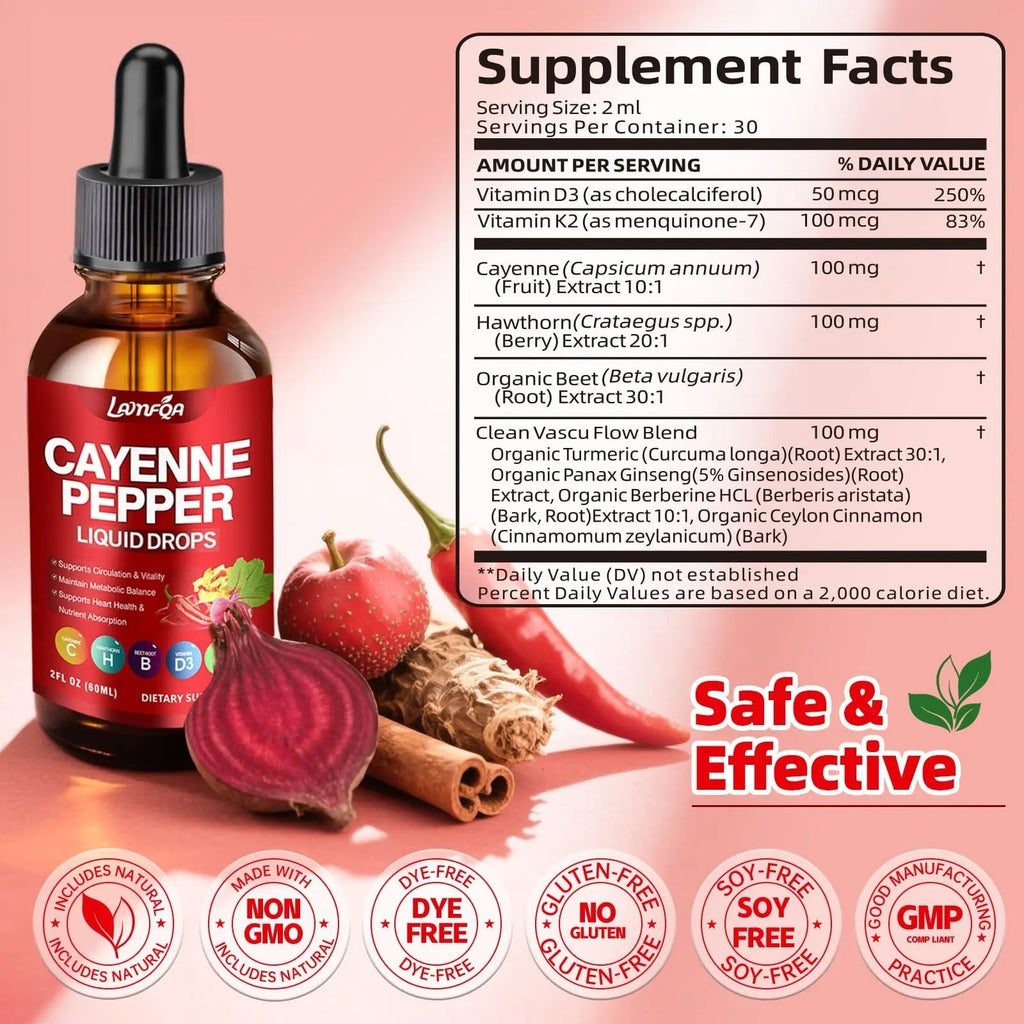 Cayenne Pepper Liquid Drops - Potent Blend with Hawthorn Berry, Turmeric Curcumin, Vitamin D3 K2, Beet Root & Panax Ginseng - Vegan, Non-GMO, High Absorbed Gentle Formula - 2 OZ - TrustMedUSA