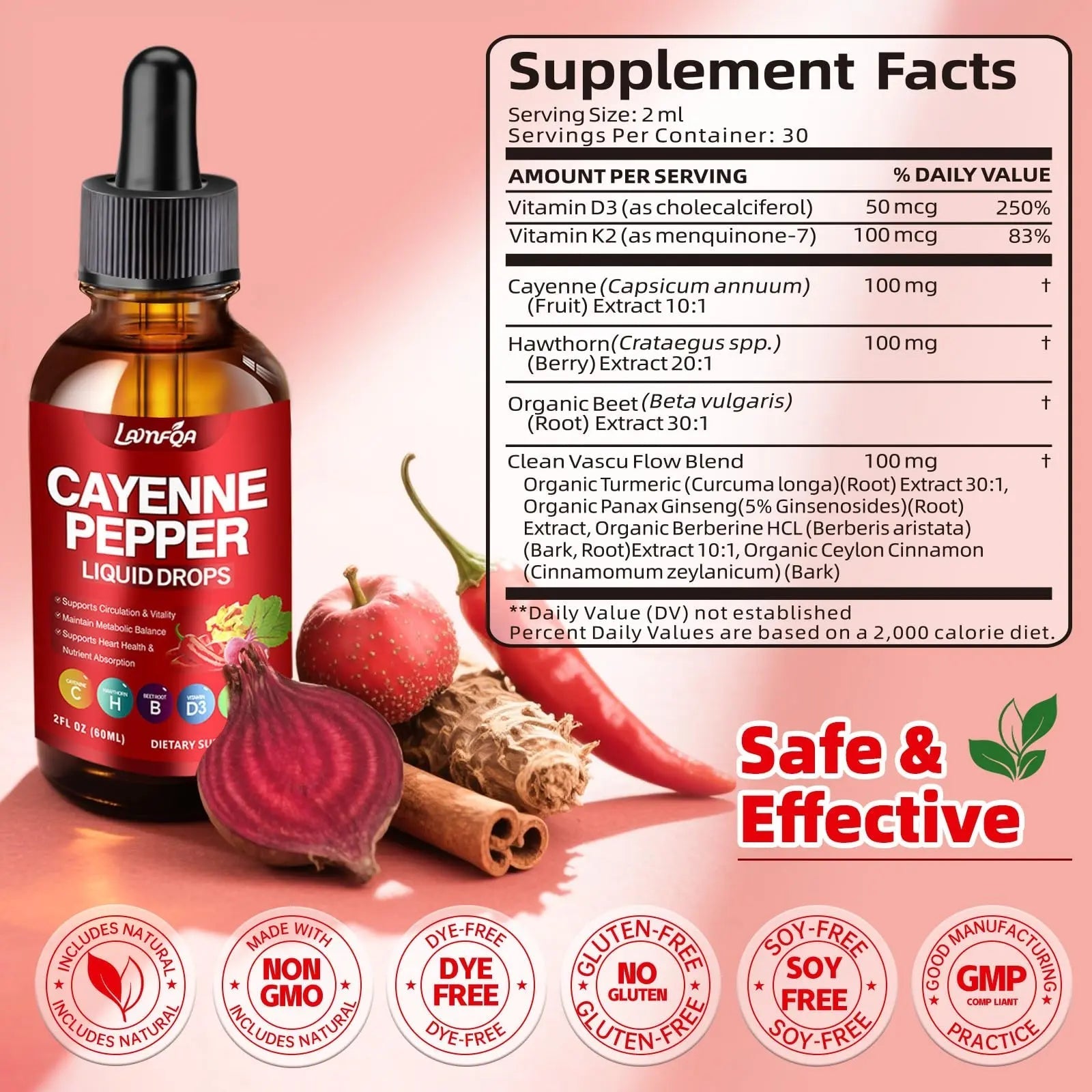 Cayenne Pepper Liquid Drops - Potent Blend with Hawthorn Berry, Turmeric Curcumin, Vitamin D3 K2, Beet Root & Panax Ginseng - Vegan, Non-GMO, High Absorbed Gentle Formula - 2 OZ - TrustMedUSA