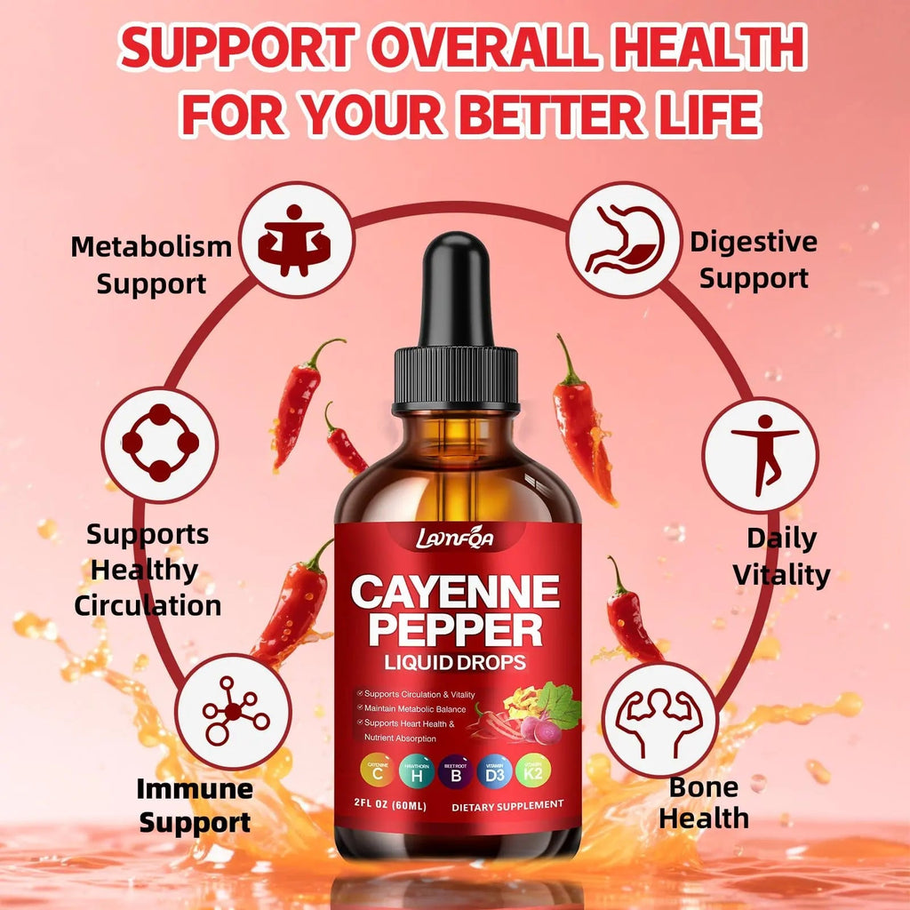 Cayenne Pepper Liquid Drops - Potent Blend with Hawthorn Berry, Turmeric Curcumin, Vitamin D3 K2, Beet Root & Panax Ginseng - Vegan, Non-GMO, High Absorbed Gentle Formula - 2 OZ - TrustMedUSA