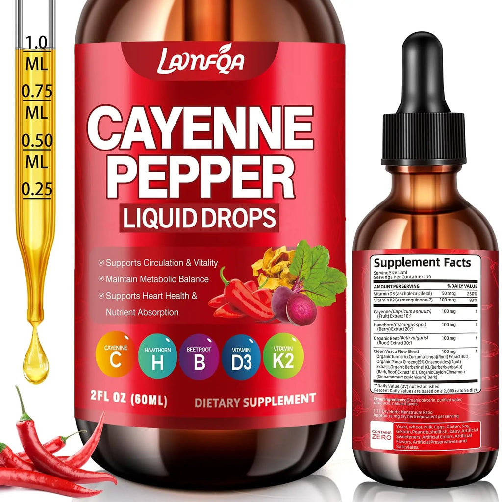 Cayenne Pepper Liquid Drops - Potent Blend with Hawthorn Berry, Turmeric Curcumin, Vitamin D3 K2, Beet Root & Panax Ginseng - Vegan, Non-GMO, High Absorbed Gentle Formula - 2 OZ - TrustMedUSA