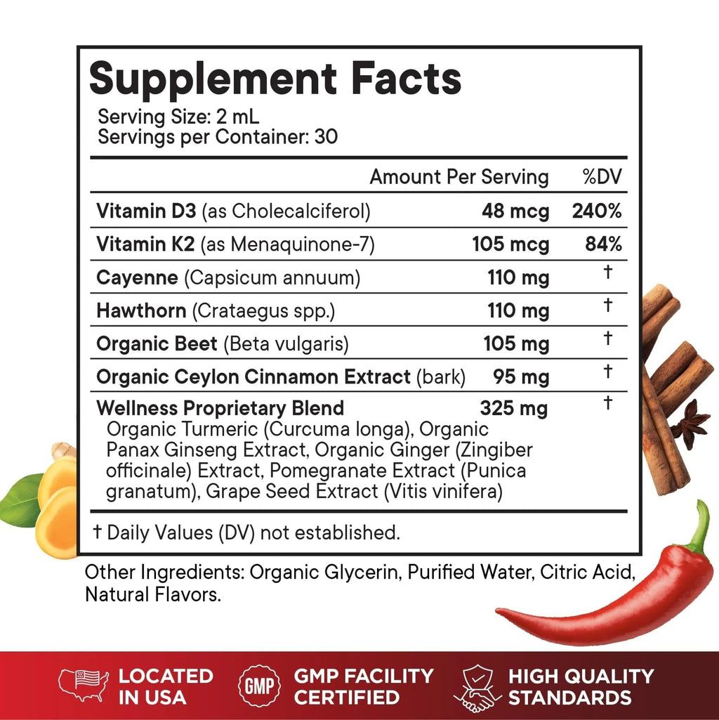 Cayenne Pepper Supplement Liquid Drops + Hawthorn Berry, Vitamin D3 K2 Beet Root Powder, Ceylon Cinnamon, Turmeric Curcumin, Organic Panax Ginseng - 4 OZ - TrustMedUSA