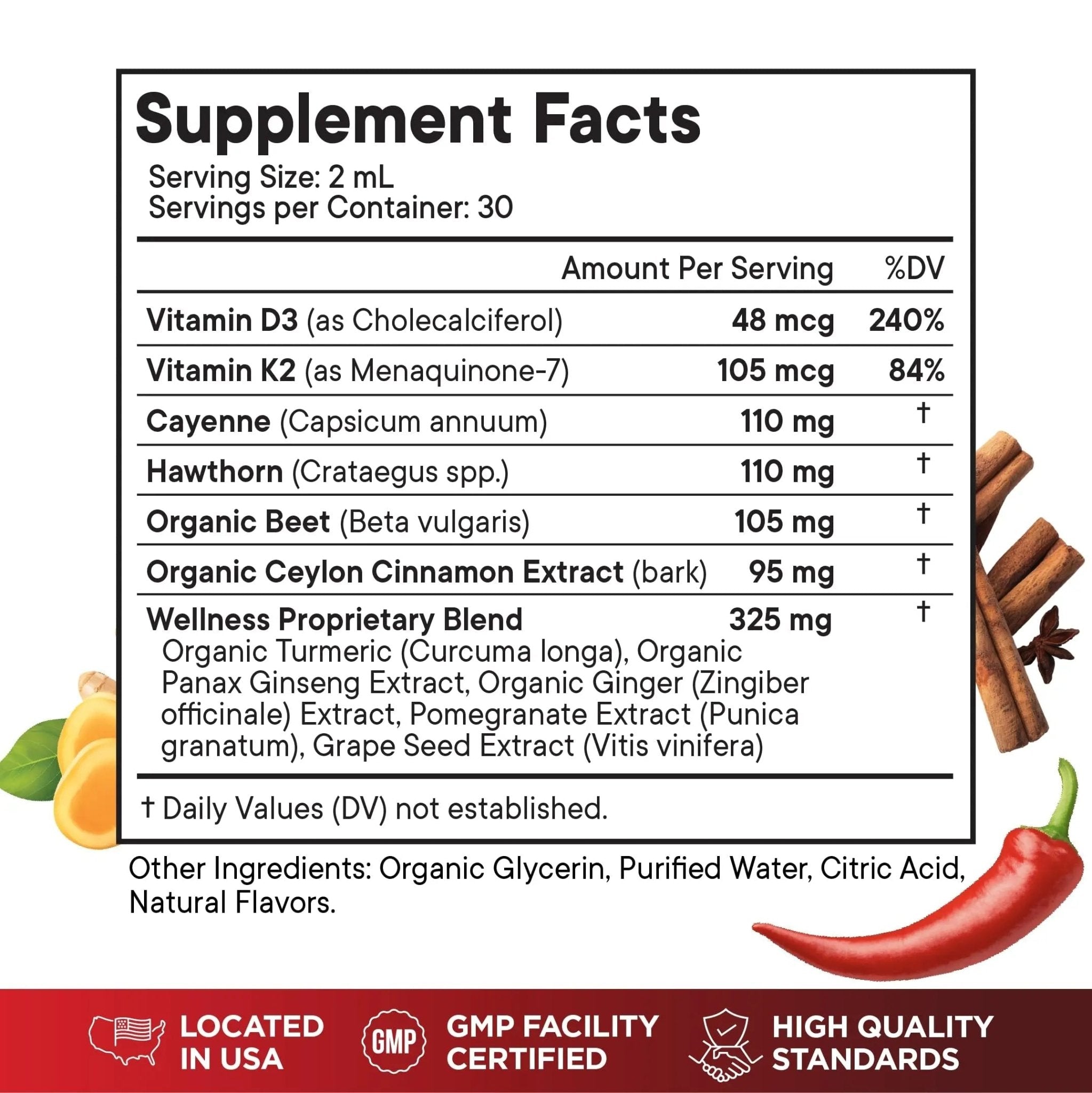 Cayenne Pepper Supplement Liquid Drops + Hawthorn Berry, Vitamin D3 K2 Beet Root Powder, Ceylon Cinnamon, Turmeric Curcumin, Organic Panax Ginseng - 4 OZ - TrustMedUSA