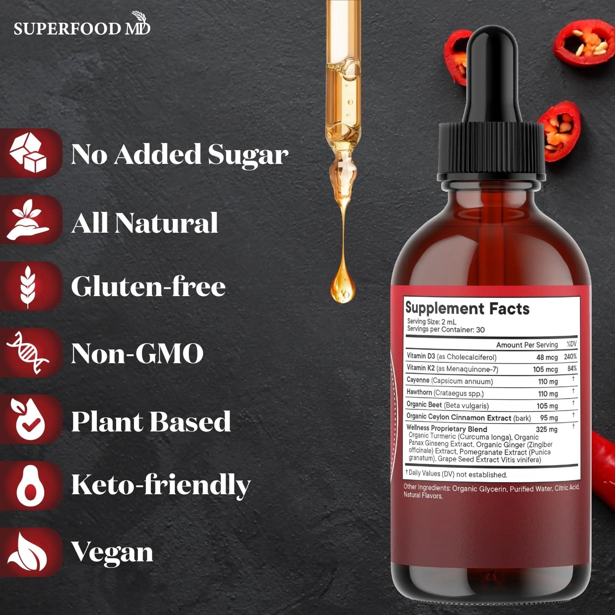 Cayenne Pepper Supplement Liquid Drops + Hawthorn Berry, Vitamin D3 K2 Beet Root Powder, Ceylon Cinnamon, Turmeric Curcumin, Organic Panax Ginseng - 4 OZ - TrustMedUSA