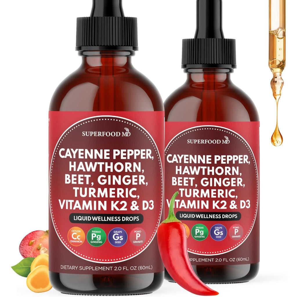Cayenne Pepper Supplement Liquid Drops + Hawthorn Berry, Vitamin D3 K2 Beet Root Powder, Ceylon Cinnamon, Turmeric Curcumin, Organic Panax Ginseng - 4 OZ - TrustMedUSA