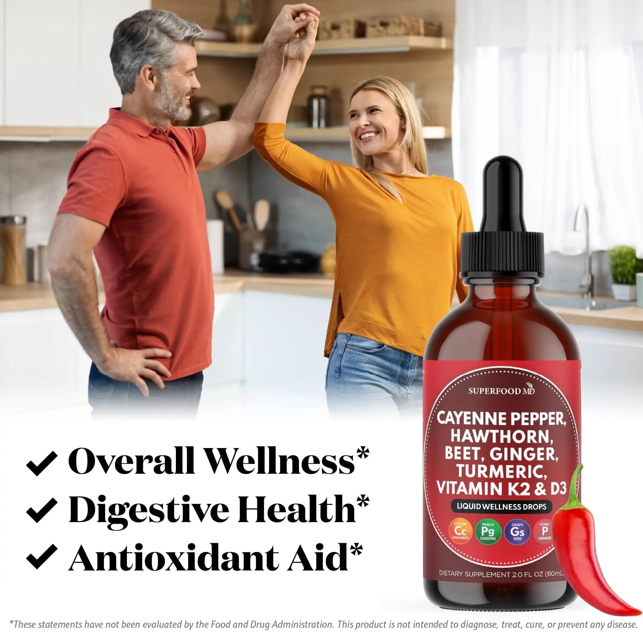 Cayenne Pepper Supplement Liquid Drops + Hawthorn Berry, Vitamin D3 K2 Beet Root Powder, Ceylon Cinnamon, Turmeric Curcumin, Organic Panax Ginseng - 4 OZ - TrustMedUSA