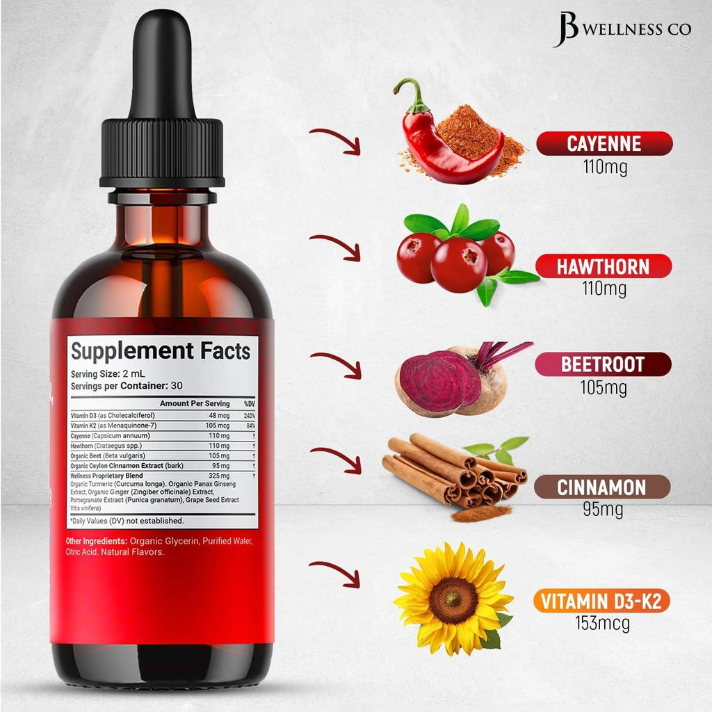 Cayenne Pepper Supplement Liquid Drops + Hawthorn Berry, Vitamin D3 K2 Beet Root Powder, Ceylon Cinnamon, Turmeric Curcumin, Organic Panax Ginseng - 4oz - TrustMedUSA