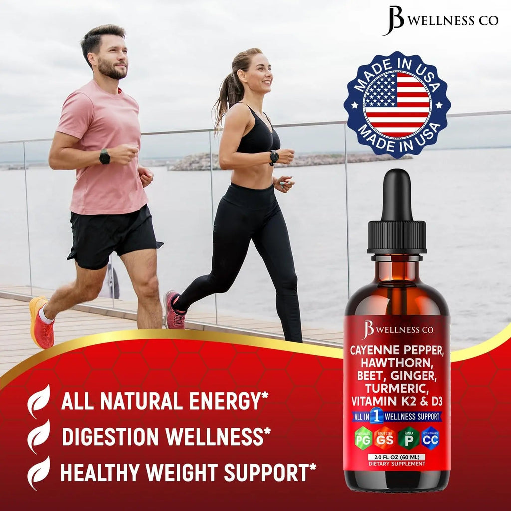 Cayenne Pepper Supplement Liquid Drops + Hawthorn Berry, Vitamin D3 K2 Beet Root Powder, Ceylon Cinnamon, Turmeric Curcumin, Organic Panax Ginseng - 4oz - TrustMedUSA