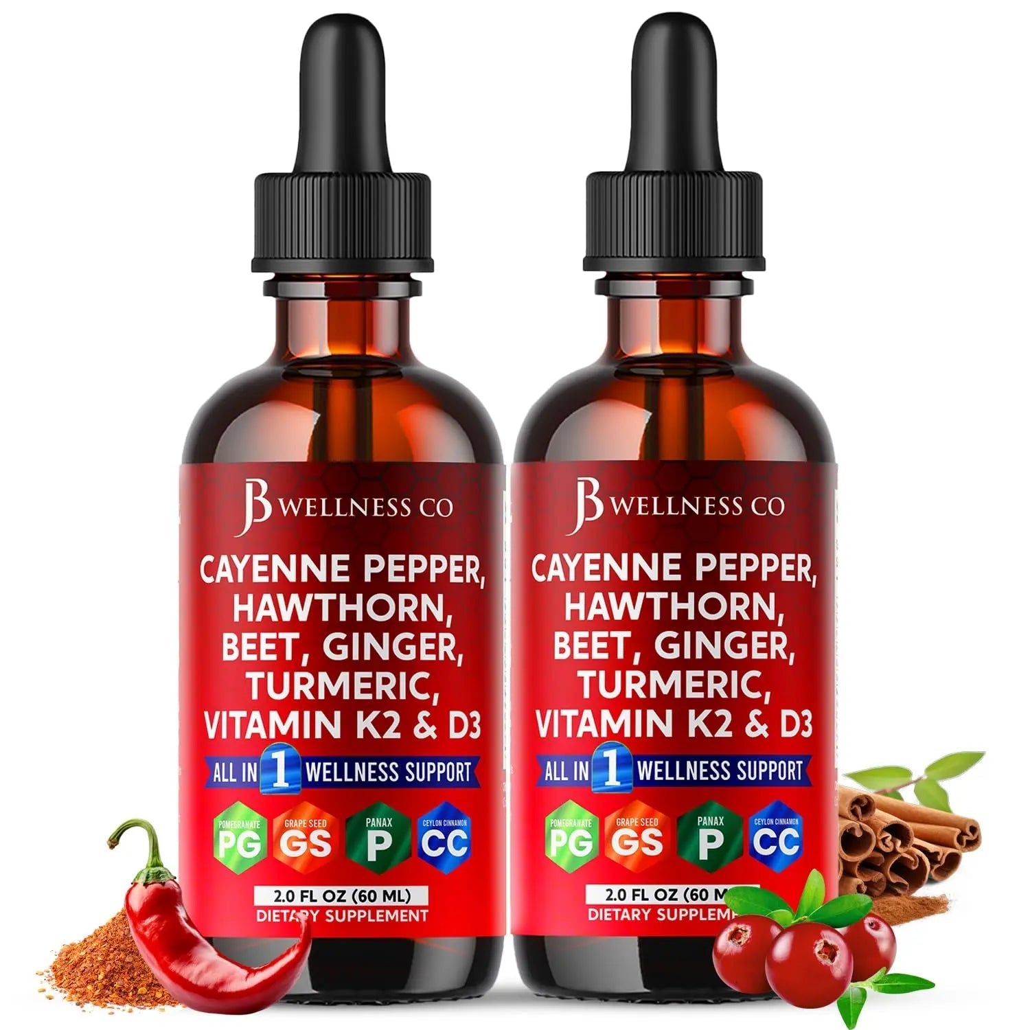Cayenne Pepper Supplement Liquid Drops + Hawthorn Berry, Vitamin D3 K2 Beet Root Powder, Ceylon Cinnamon, Turmeric Curcumin, Organic Panax Ginseng - 4oz - TrustMedUSA
