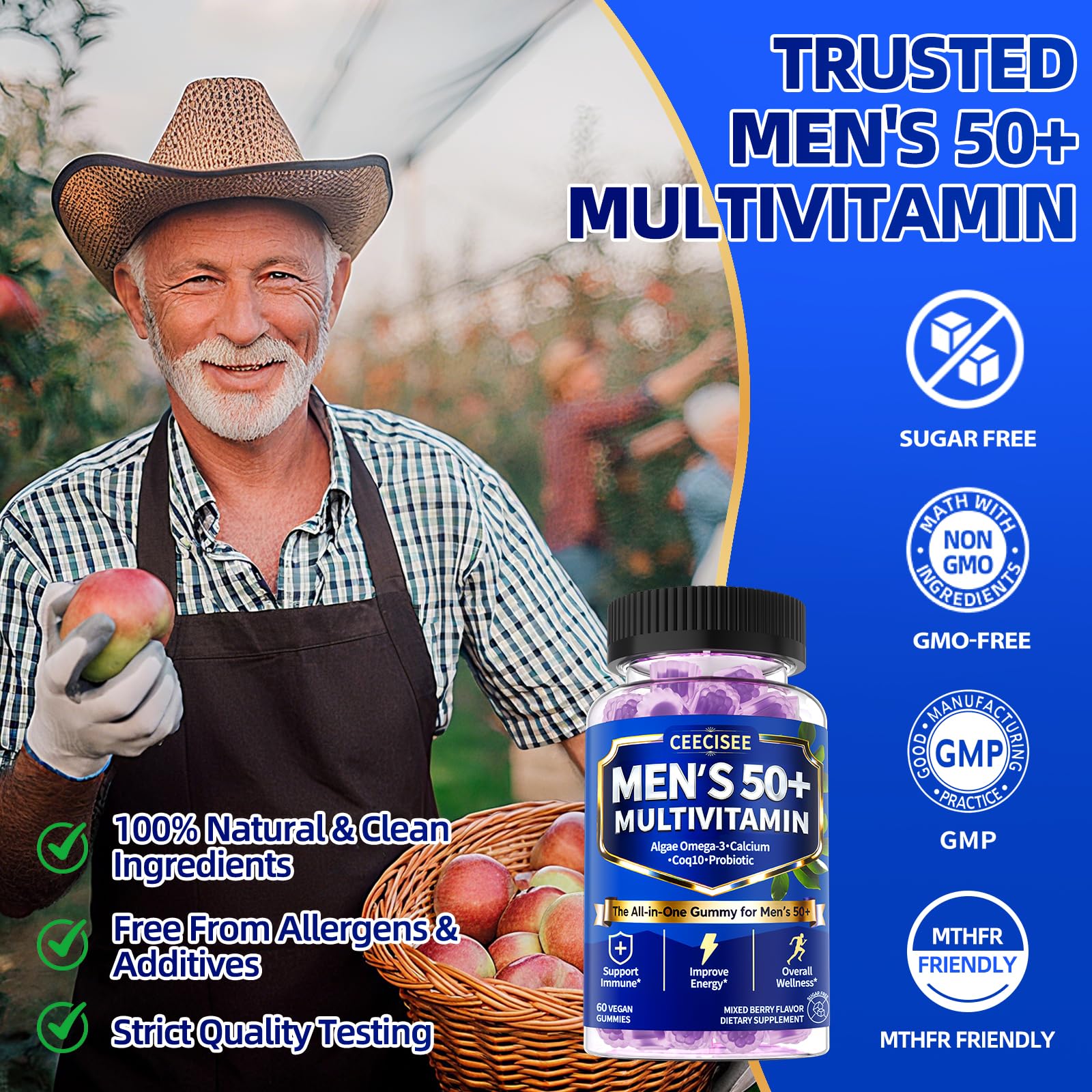 Ceecisee Methylated Multivitamin for Men Over 50: Daily Mens Multivitamins Gummies with Omega Probiotic Magnesium Zinc Vitamins D3 B12 - Energy Immune Support No Iron Vitamins Gummy for Men(60Count) - TrustMedUSA