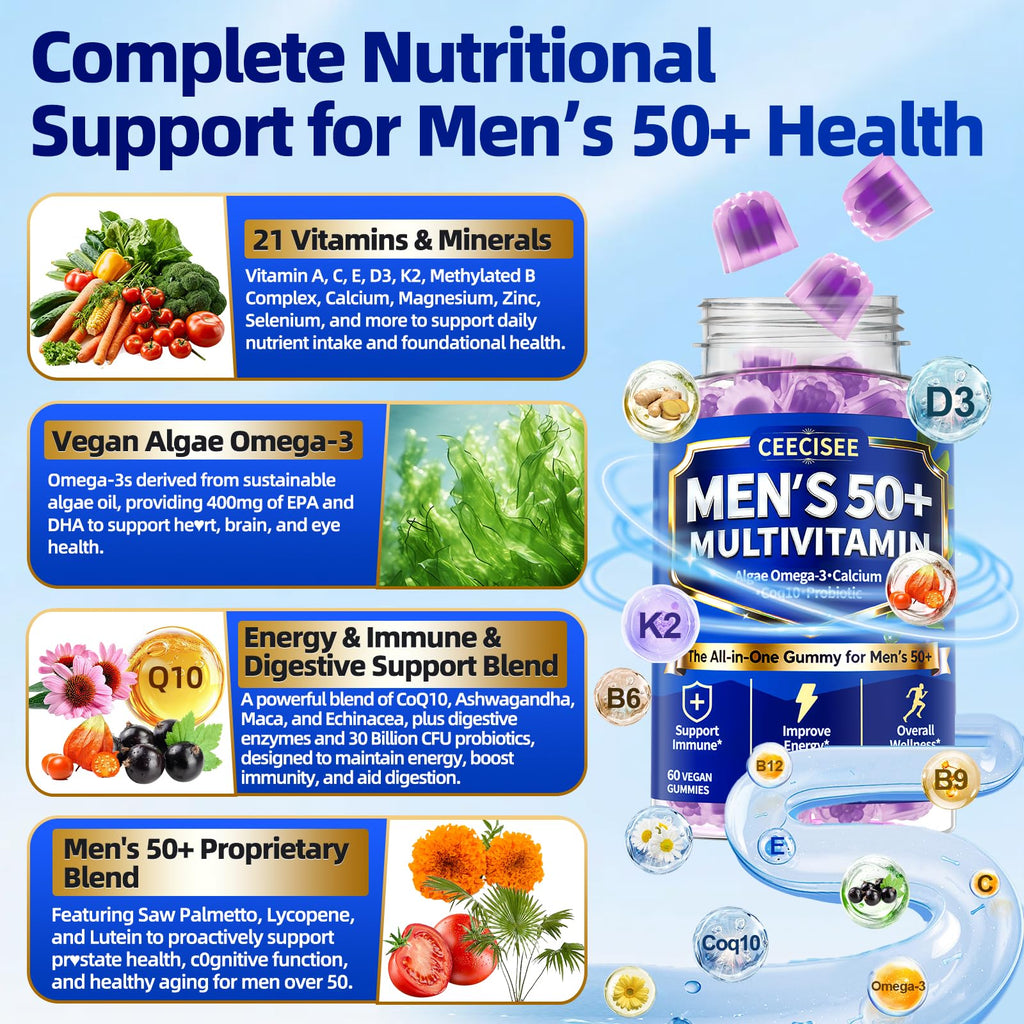 Ceecisee Methylated Multivitamin for Men Over 50: Daily Mens Multivitamins Gummies with Omega Probiotic Magnesium Zinc Vitamins D3 B12 - Energy Immune Support No Iron Vitamins Gummy for Men(60Count) - TrustMedUSA