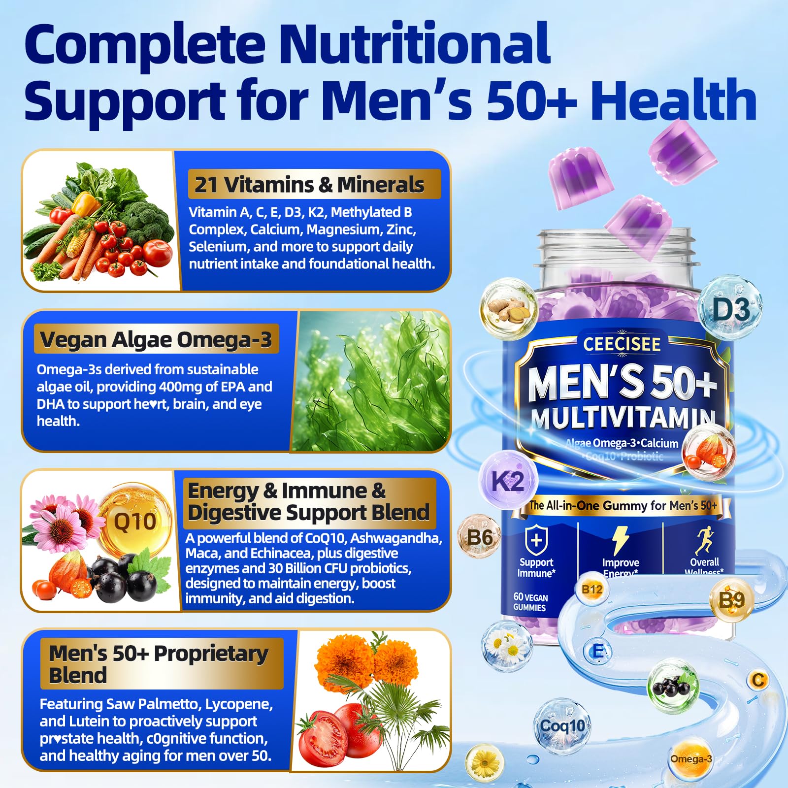 Ceecisee Methylated Multivitamin for Men Over 50: Daily Mens Multivitamins Gummies with Omega Probiotic Magnesium Zinc Vitamins D3 B12 - Energy Immune Support No Iron Vitamins Gummy for Men(60Count) - TrustMedUSA