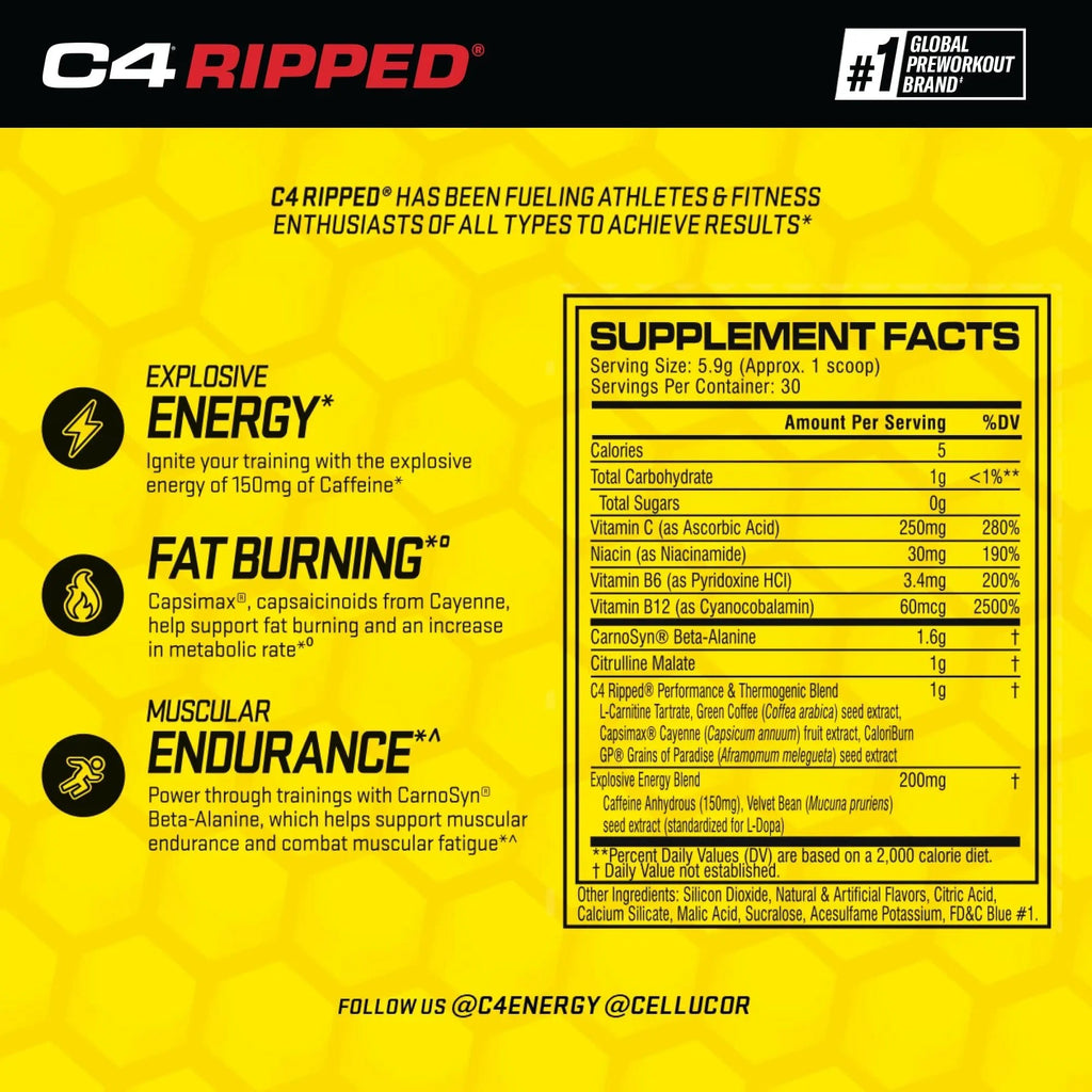 Cellucor C4 Ripped Pre Workout Powder ICY Blue Razz | Creatine Free + Sugar Free - TrustMedUSA