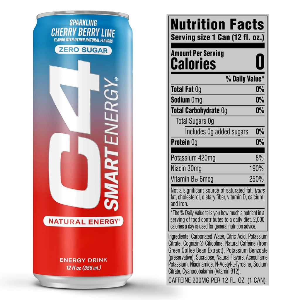Cellucor C4 Smart Energy Drink - Sugar Free Performance Fuel & Nootropic Brain Booster, Coffee Substitute or Alternative | Cherry Berry Lime 12 Oz - 12 Pack - TrustMedUSA
