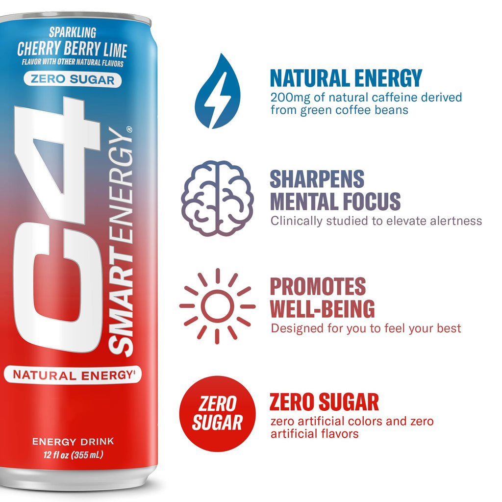 Cellucor C4 Smart Energy Drink - Sugar Free Performance Fuel & Nootropic Brain Booster, Coffee Substitute or Alternative | Cherry Berry Lime 12 Oz - 12 Pack - TrustMedUSA