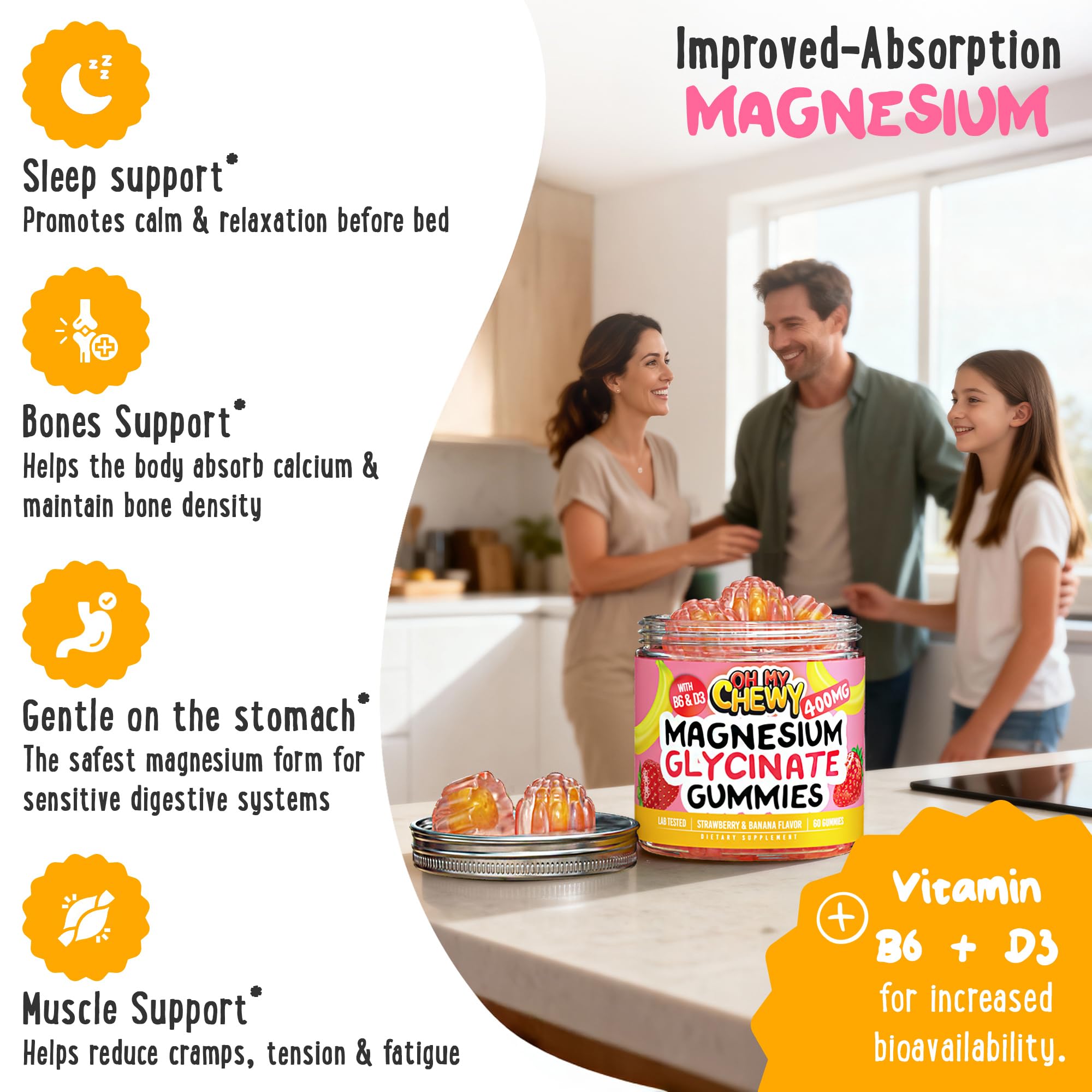Center-Filled Magnesium Glycinate Gummies 400MG - High Absorption for Kids, Teens & Adults - Supplement for Sleep, Calm & Muscle Relaxation with B6 & D3 - TrustMedUSA