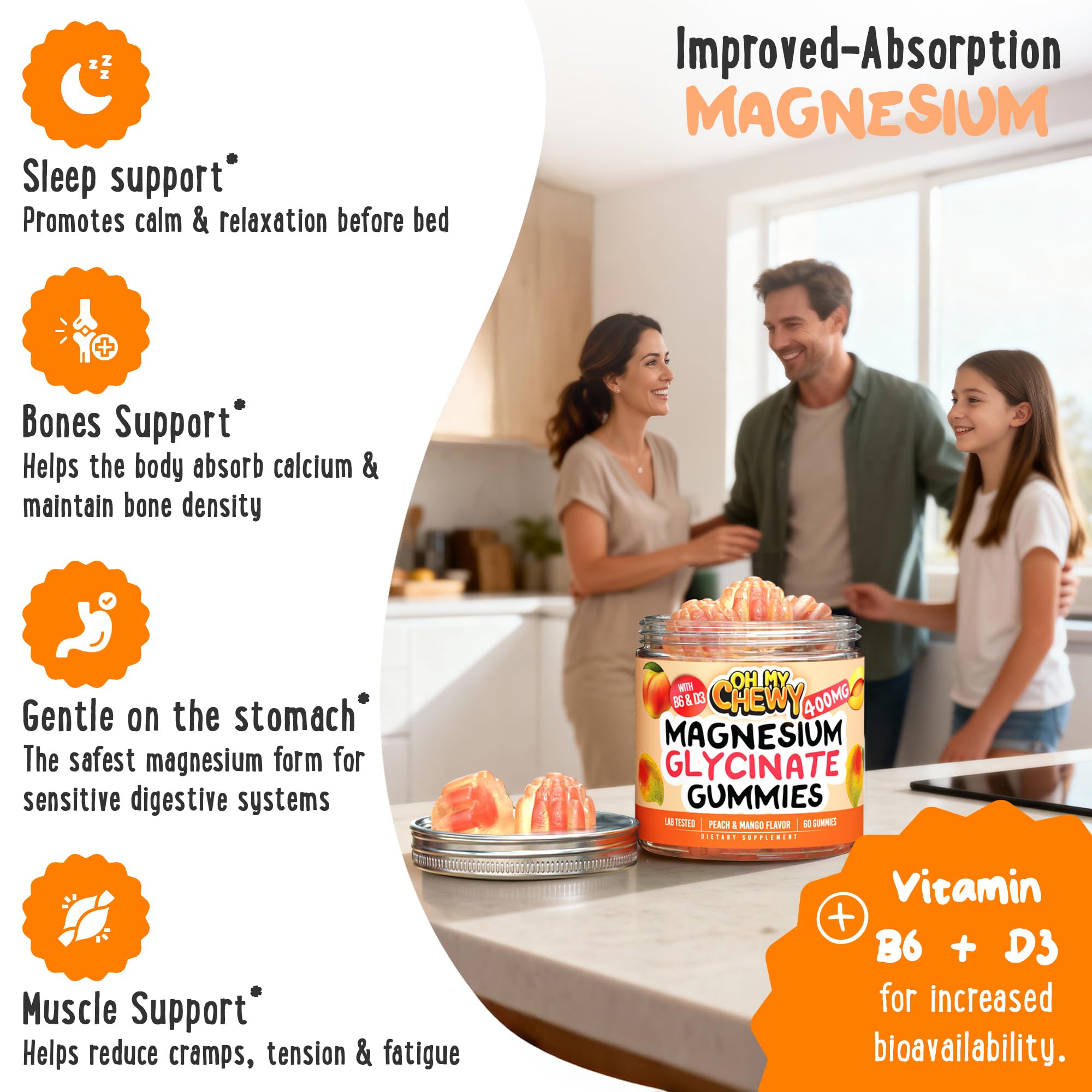 Center-Filled Magnesium Glycinate Gummies 400MG - High Absorption for Kids, Teens & Adults - Supplement for Sleep, Calm & Muscle Relaxation with B6 & D3 - Gluten Free & Vegan Friendly - 60 Count - TrustMedUSA