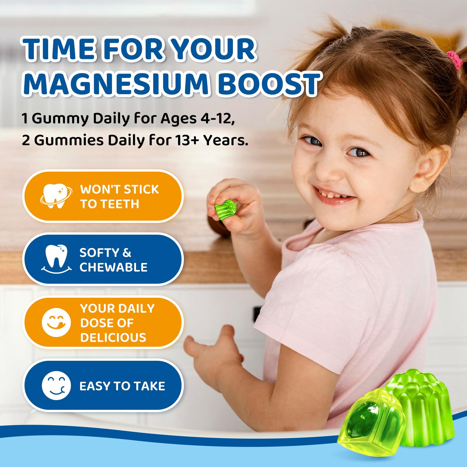 Center-Filled Magnesium Gummies for Kids 300MG - Magnesium Glycinate Gummies with L-theanine, Omega-3, Vitamin B6, D for Kids & Adults, Supplement for Sleep, Calm & Muscle Relaxation - Apple & Kiwi - TrustMedUSA