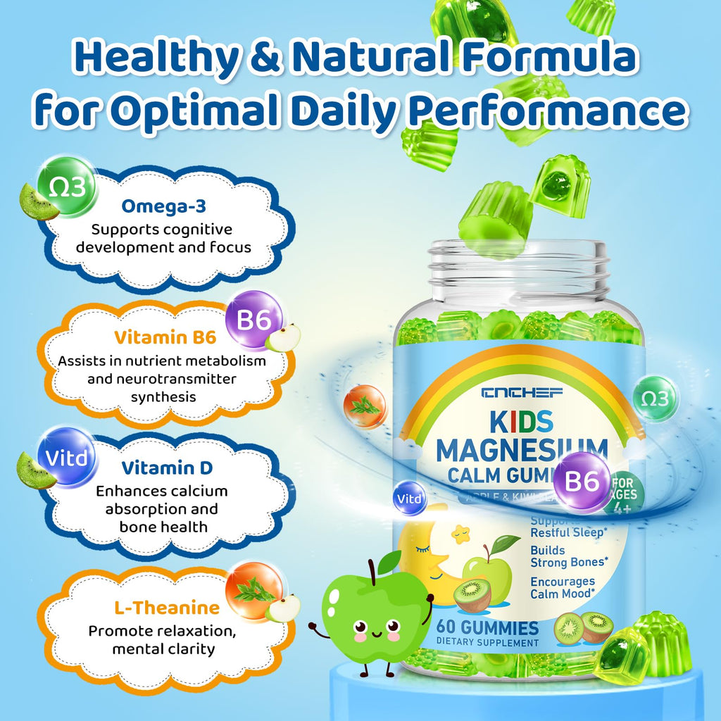 Center-Filled Magnesium Gummies for Kids 300MG - Magnesium Glycinate Gummies with L-theanine, Omega-3, Vitamin B6, D for Kids & Adults, Supplement for Sleep, Calm & Muscle Relaxation - Apple & Kiwi - TrustMedUSA