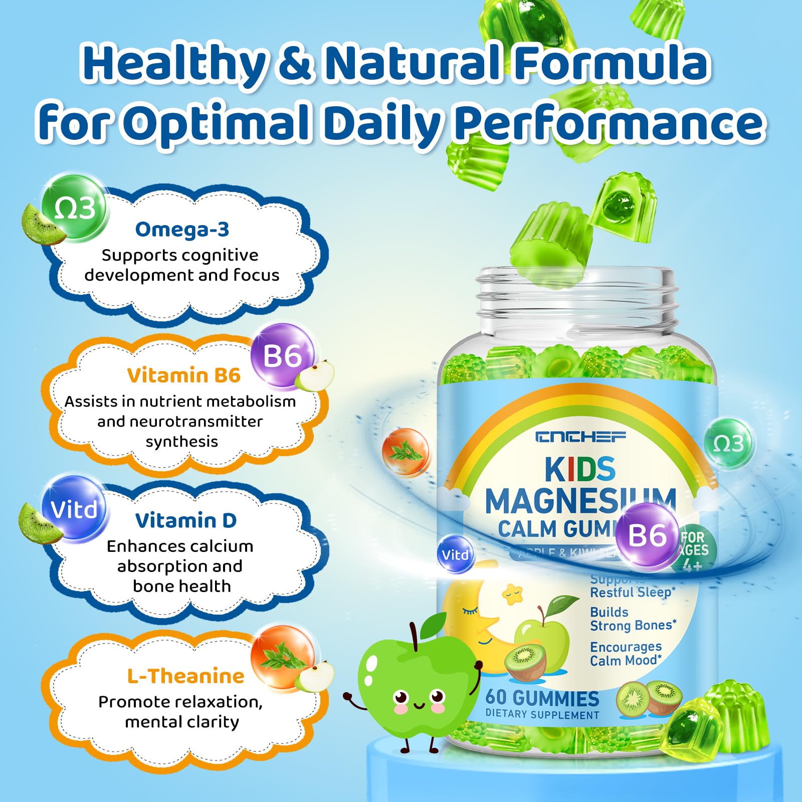 Center-Filled Magnesium Gummies for Kids 300MG - Magnesium Glycinate Gummies with L-theanine, Omega-3, Vitamin B6, D for Kids & Adults, Supplement for Sleep, Calm & Muscle Relaxation - Apple & Kiwi - TrustMedUSA